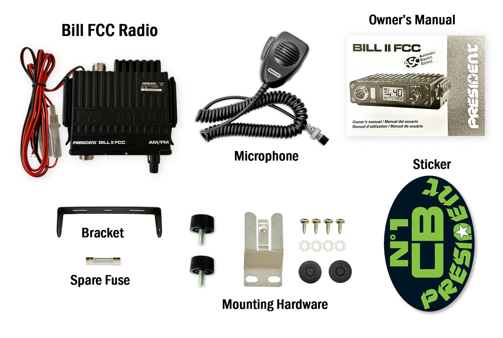 President Electronics Bill II FCC Ultra-Compact AM/FM CB Radio - Portable Two-Way Communication for Trucking, Off-Road & Emergency Use
