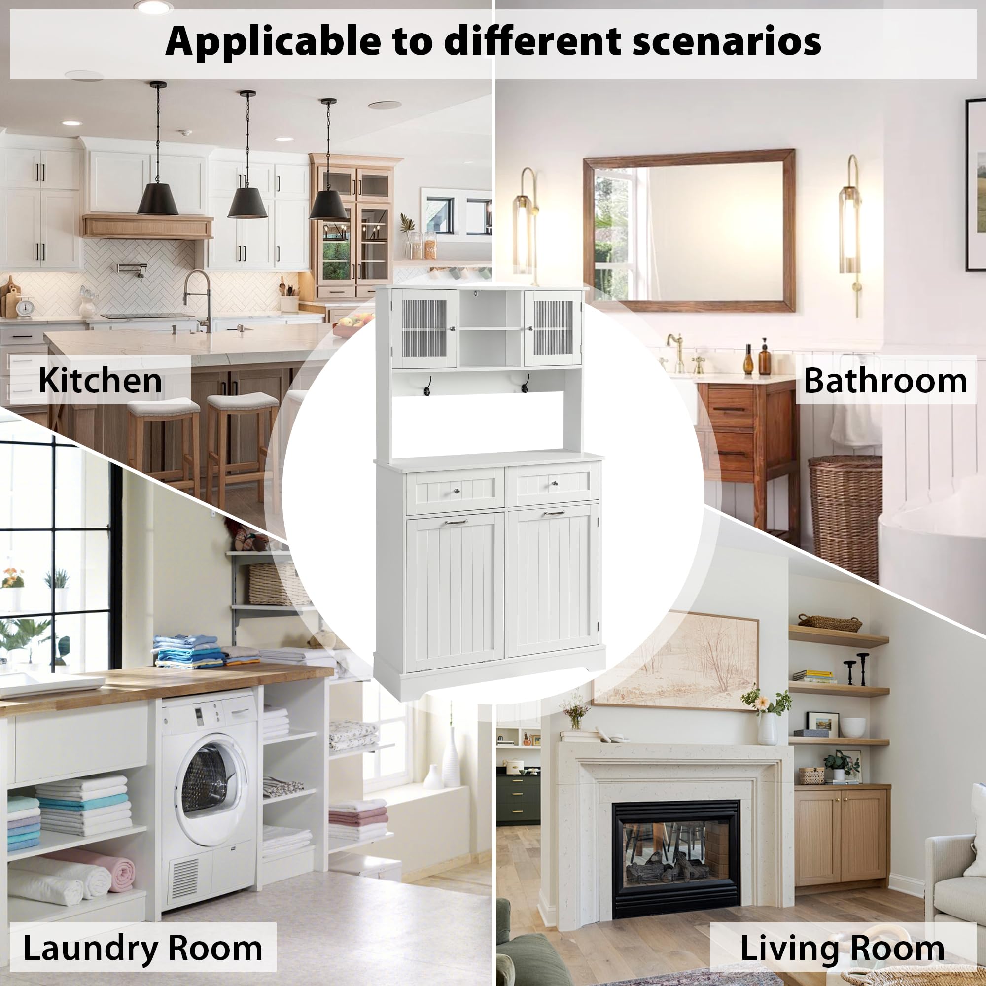 White Tilt-Out Trash Cabinet - Solid Wood Hideaway Trash Can with 2 Drawers, Freestanding Storage Cabinet for Kitchen Recycling & Waste Disposal - Perfect for Small Spaces & Home Organization