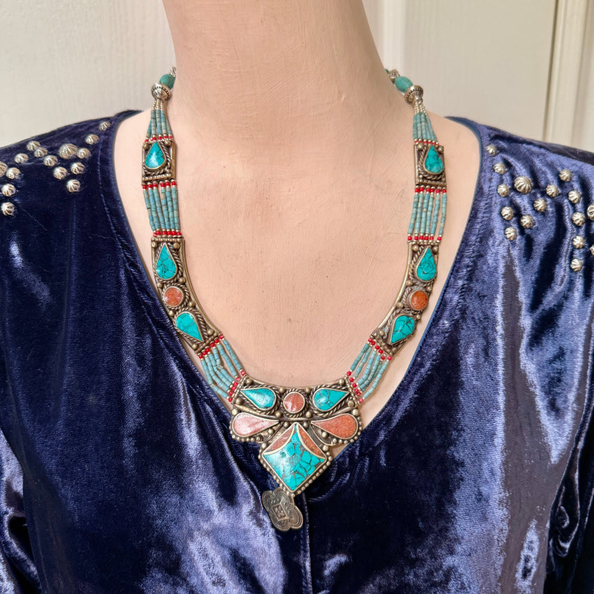 Handmade Tibetan Alpaca Silver Necklace with Turquoise & Coral Beads - Boho Chic Jewelry for Women, Perfect for Festivals, Weddings & Layering