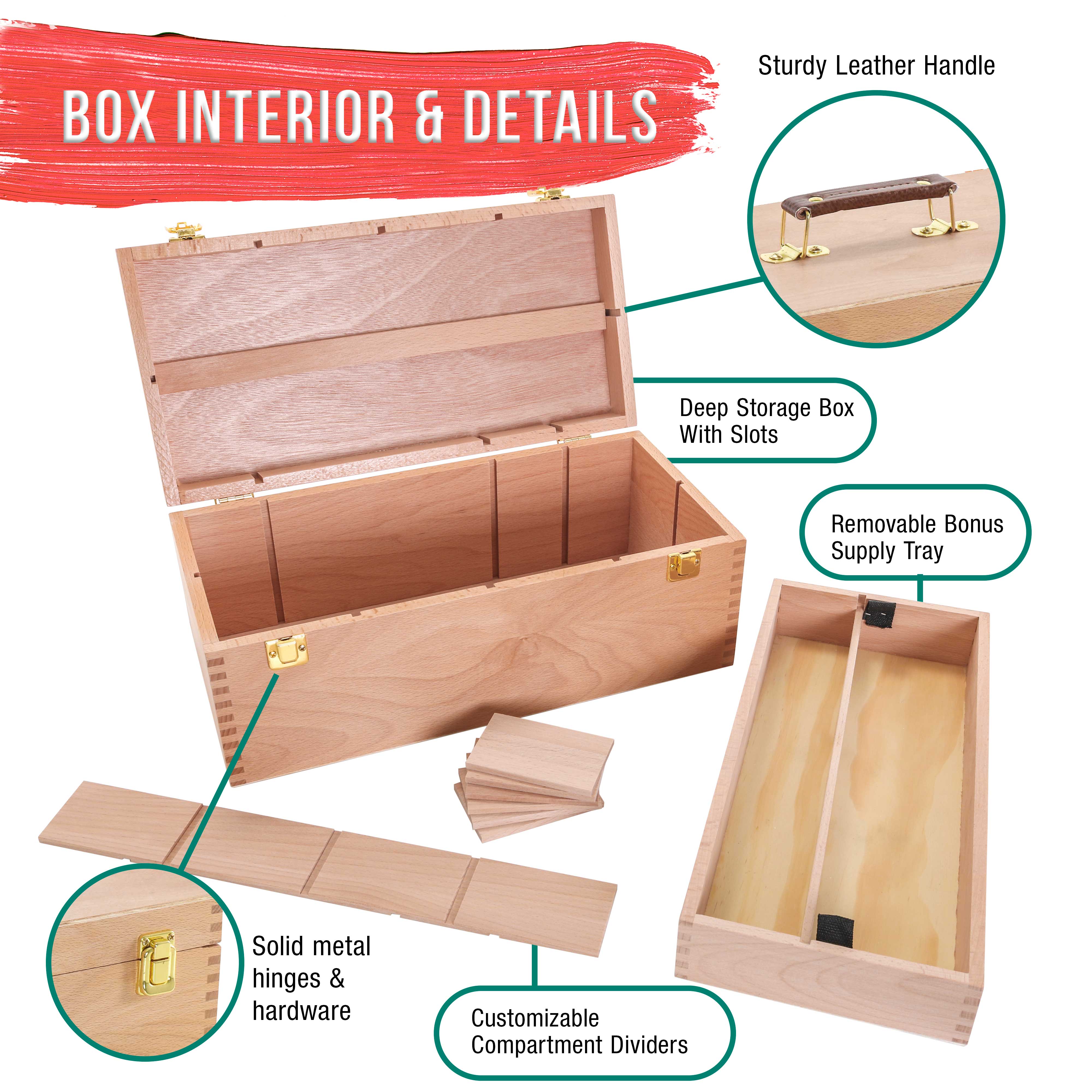 Multi-Function Unfinished Beechwood Artist Tool Storage Box with Removable Tray & Locking Clasps - Organize Paints, Pencils, Brushes & Art Supplies - Perfect for Artists, Crafters & DIY Enthusiasts - Portable & Secure for Studio, Classroom or Travel Use