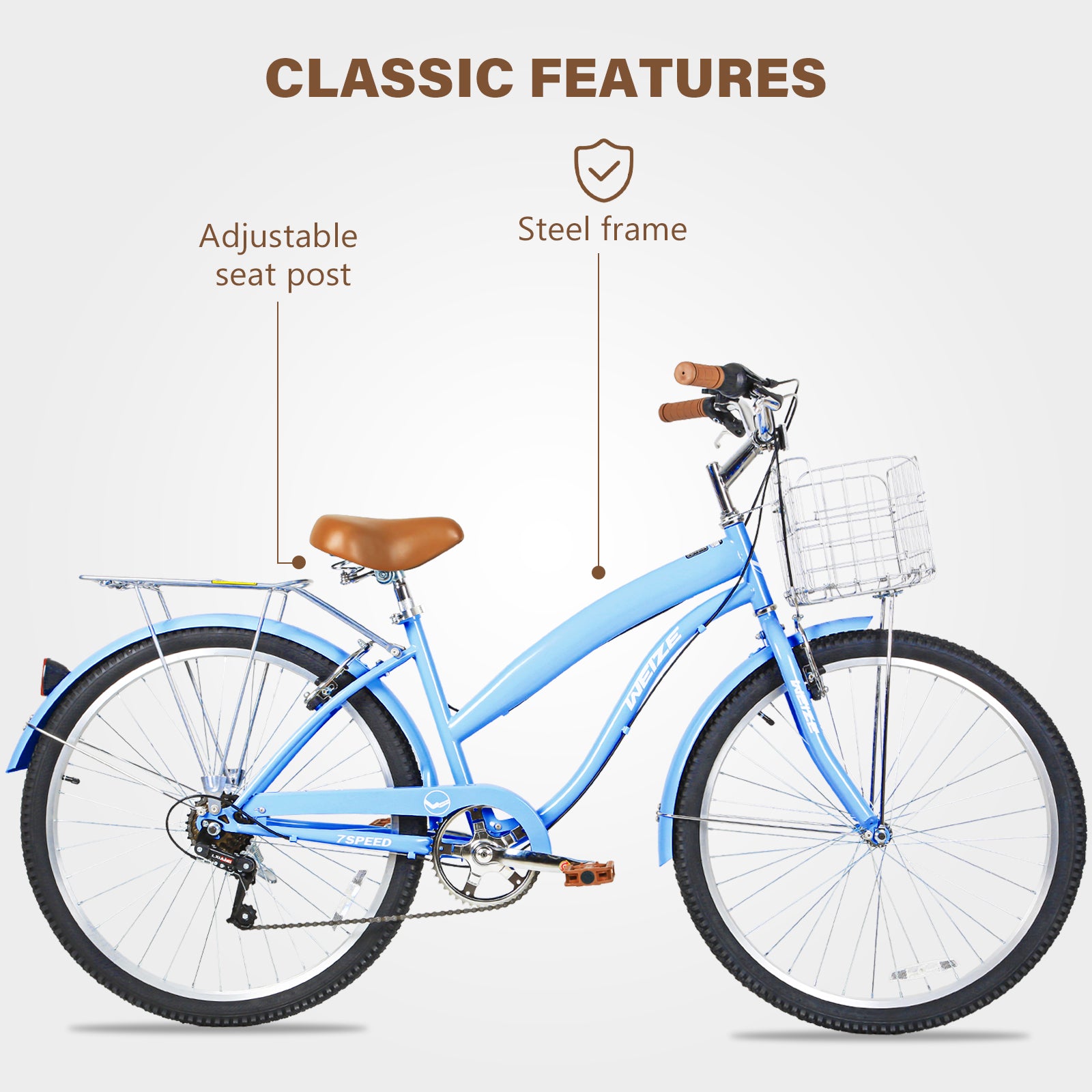 WEIZE 26 Inch Blue Beach Cruiser Bike for Adults - 7 Speed Comfortable Commuter Bicycle with Padded Seat - Perfect for Beach Rides, City Commuting & Leisure Cycling
