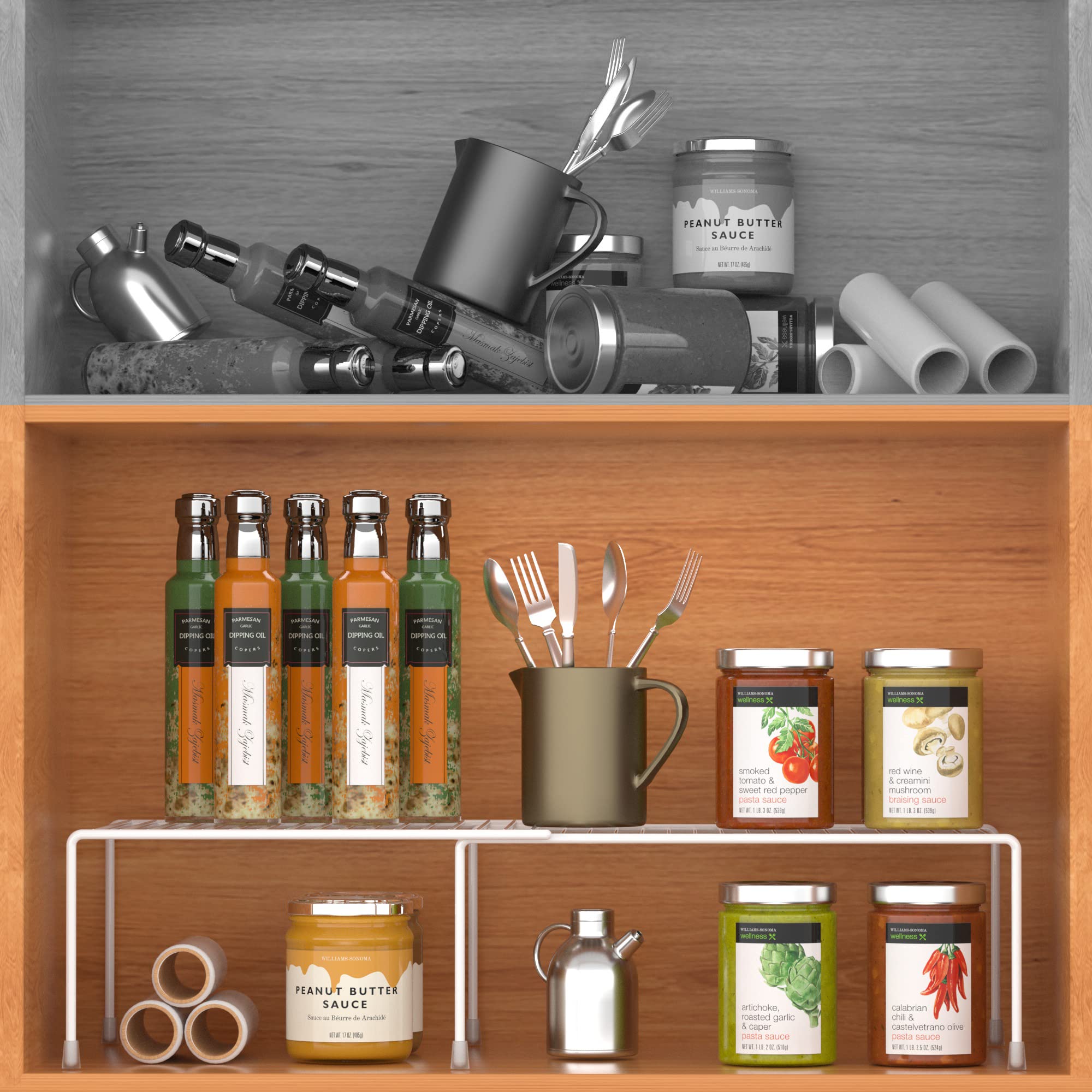 ARCCI Expandable Wire Shelf Rack Set of 2 - Adjustable Kitchen Cabinet Organizer, Plate Wire Shelf for Kitchen, Bathroom, Pantry, Closet, White