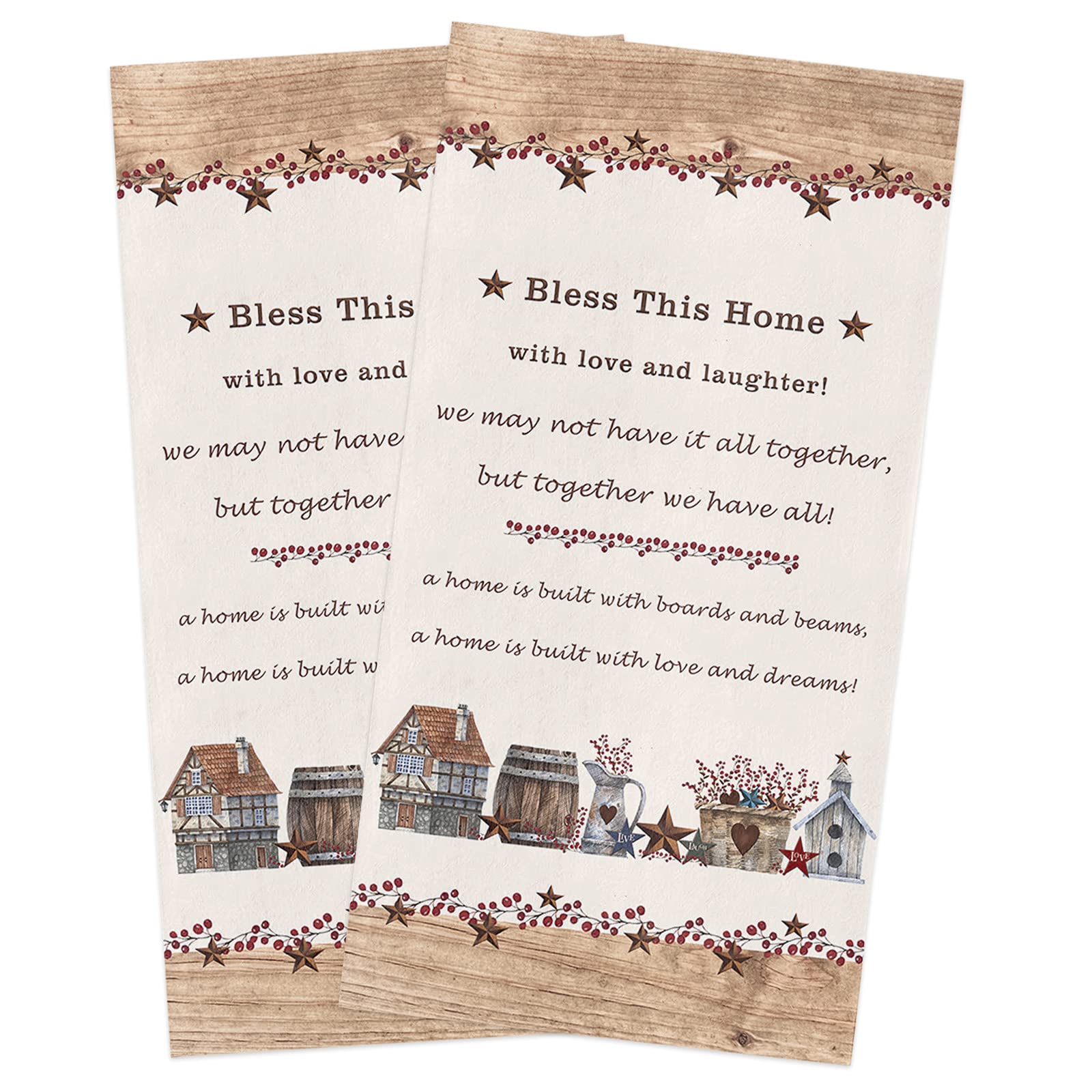 Western Texas Country Star Barn Berry Kitchen Dish Towels Set of 2 - Soft Lightweight Microfiber Absorbent Hand Towels, Vintage Farm Tea Towels for Kitchen & Bathroom (18x28 Inches) - Perfect for Drying Dishes, Cleaning Countertops, and Farmhouse Decor