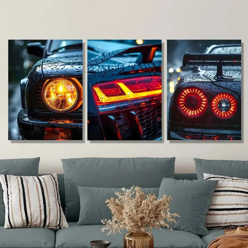 3pcs Vintage Car Headlight & Taillight Metal Wall Art - Ready to Hang Automotive Decor for Garage, Man Cave, or Office