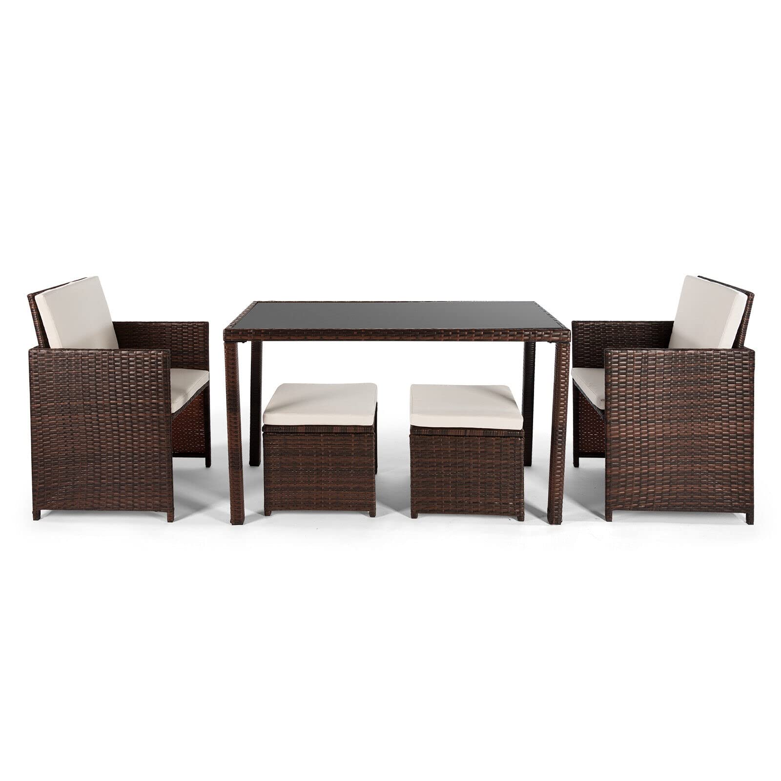 5-Piece Patio Dining Set - Outdoor Rattan Wicker Table & Chairs with Glass Table Top & Cushions - Space-Saving Garden Furniture for Porch, Yard, Lawn or Indoor Use - Perfect for Outdoor Entertaining & Relaxation