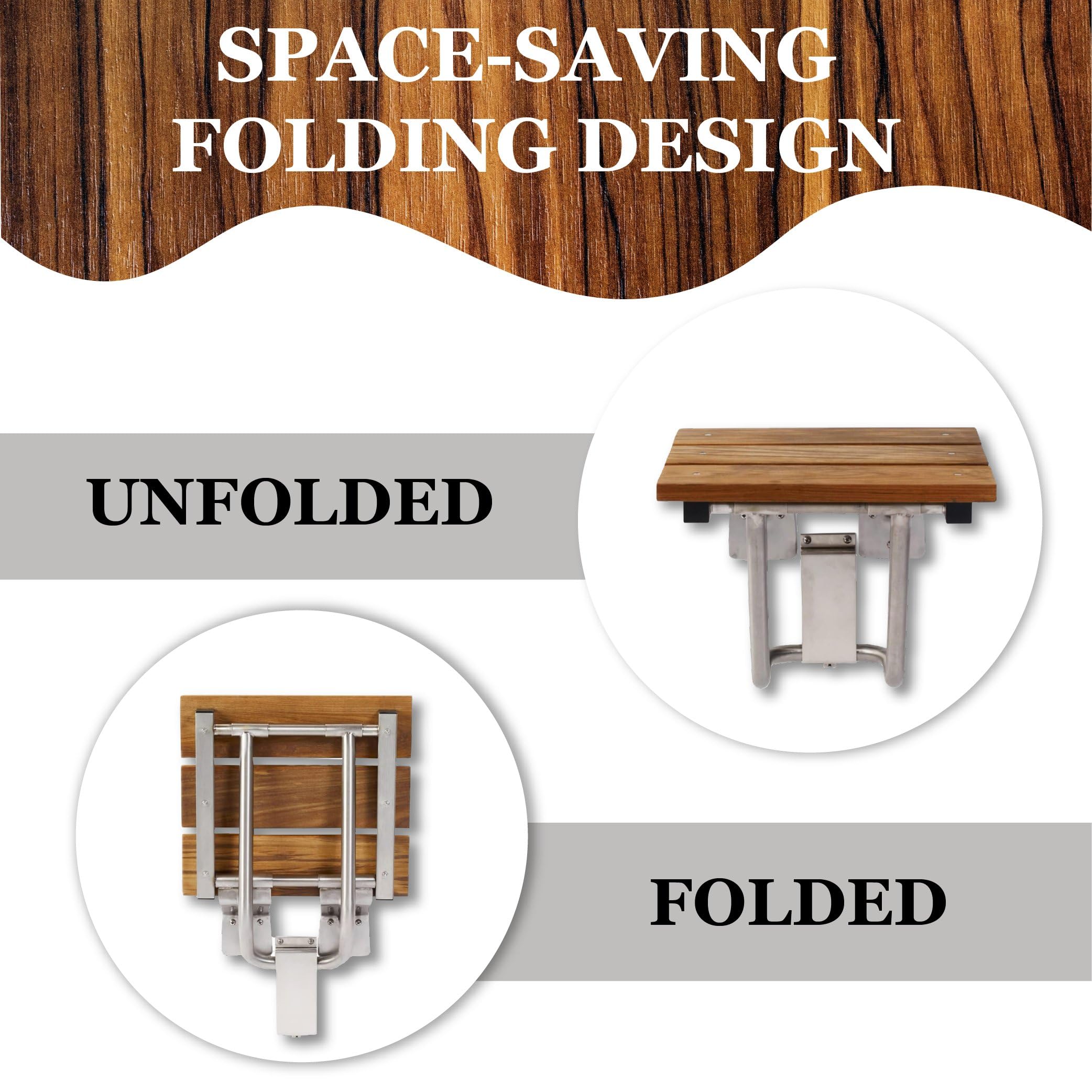 ADA Compliant Folding Shower Chair for Elderly & Disabled - 600lb Capacity Wall Mounted Teak Shower Bench with 304 Stainless Steel Frame (30