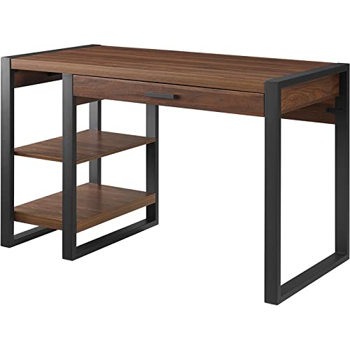 Walker Edison 48 Inch Modern Industrial Gaming Desk with Storage Shelves, Drawer & Electrical Outlet - Dark Walnut Home Office Computer Desk for Work & Gaming Setup