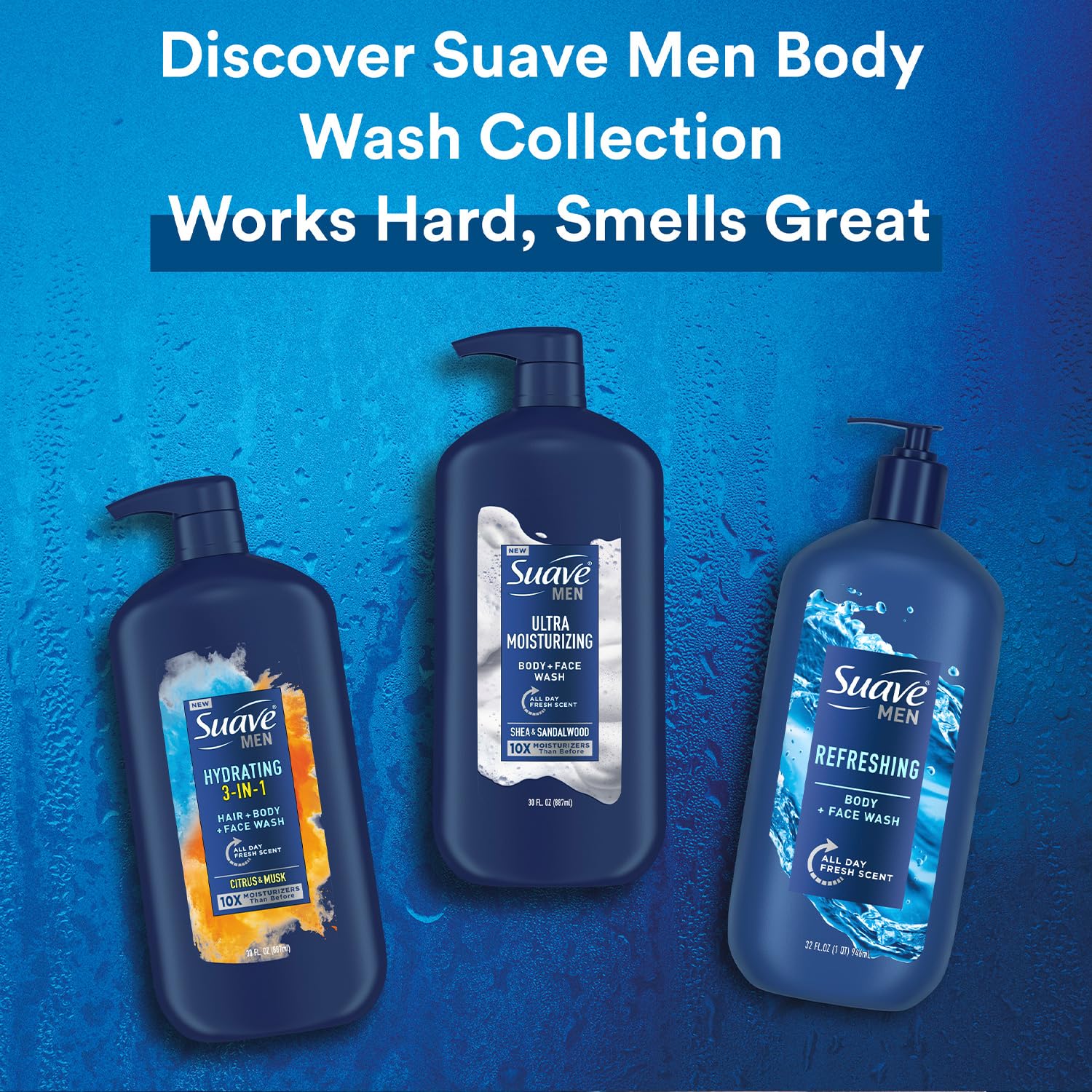Suave Men's Shower Essentials Variety 3-Pack - Hydrating 3-in-1 Hair, Body & Face Wash + Refreshing Body & Face Wash, 30 Oz Each - Perfect for Gym, Travel & Daily Shower Routine
