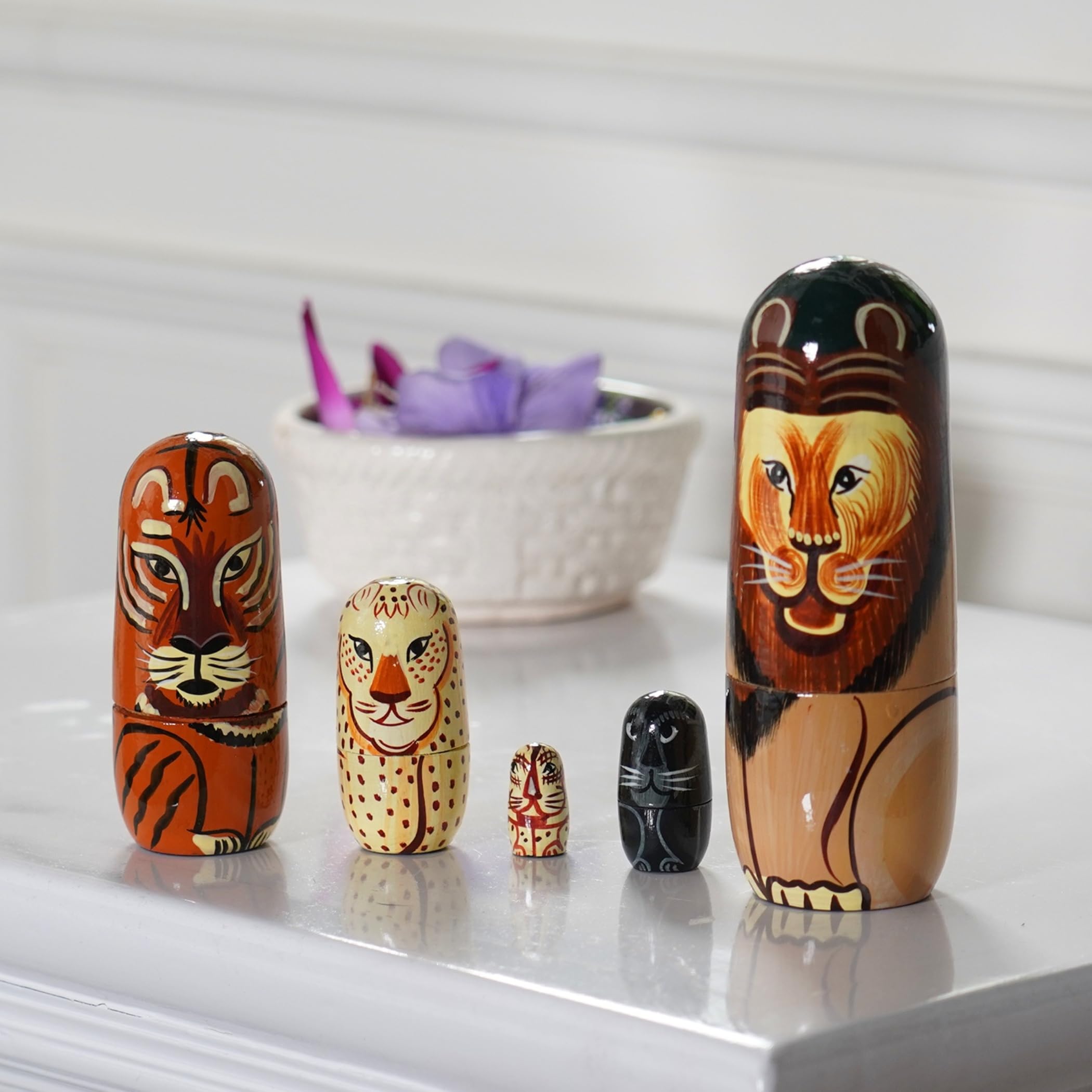Hand-Painted Wooden Lion Nesting Dolls Set of 5 - Eco-Friendly Kids Toys, Unique Handmade Russian Stacking Dolls for Children's Birthday Gifts & Home Decor | Perfect for Playtime, Nursery Decor, and Cultural Education