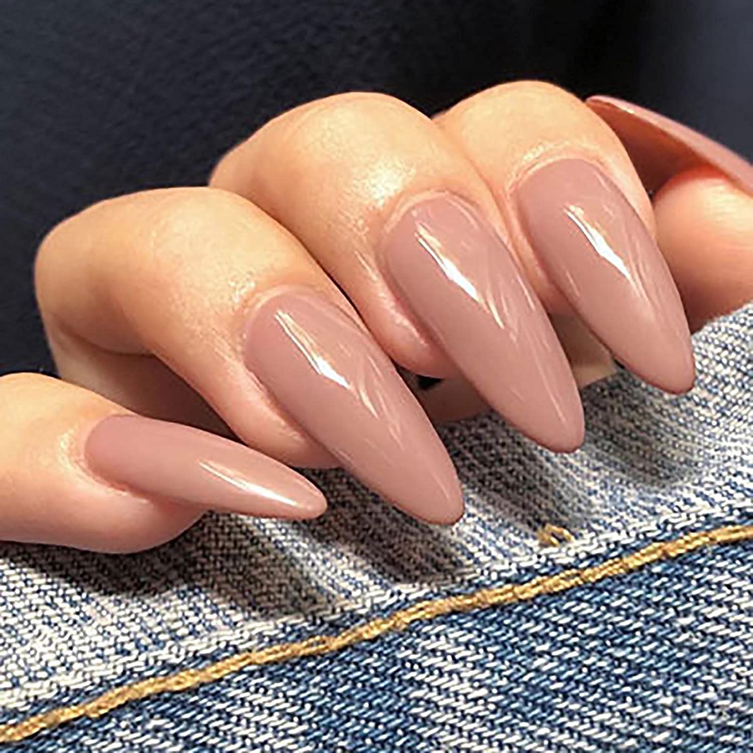 Huda Nails Beauty Reusable Artificial Nails - Stiletto Style 100Pcs Set (10 Sizes) with False Nail Glue (3g) | Natural Looking Fake Nails for Women | Perfect for Parties, Weddings & Special Occasions
