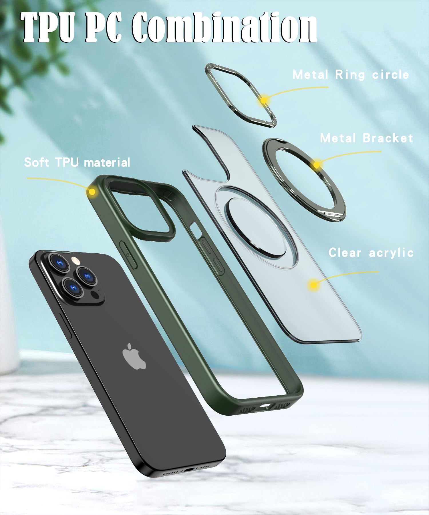**iPhone 15 Pro Max Case with 360° Rotating Metal Stand & Magnetic Ring Holder | Slim Durable Frosted Cover (Army Green 2024) - Perfect for Hands-Free Viewing, Gaming & Travel**