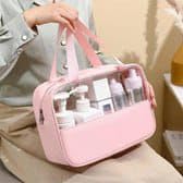 Omkar Enterprise Women's Transparent Waterproof Makeup Bag - PU PVC Cosmetic Organizer Storage Pouch for Travel, Bath & Toiletry (Pink) | Perfect for Gym, Vacation & Daily Beauty Essentials