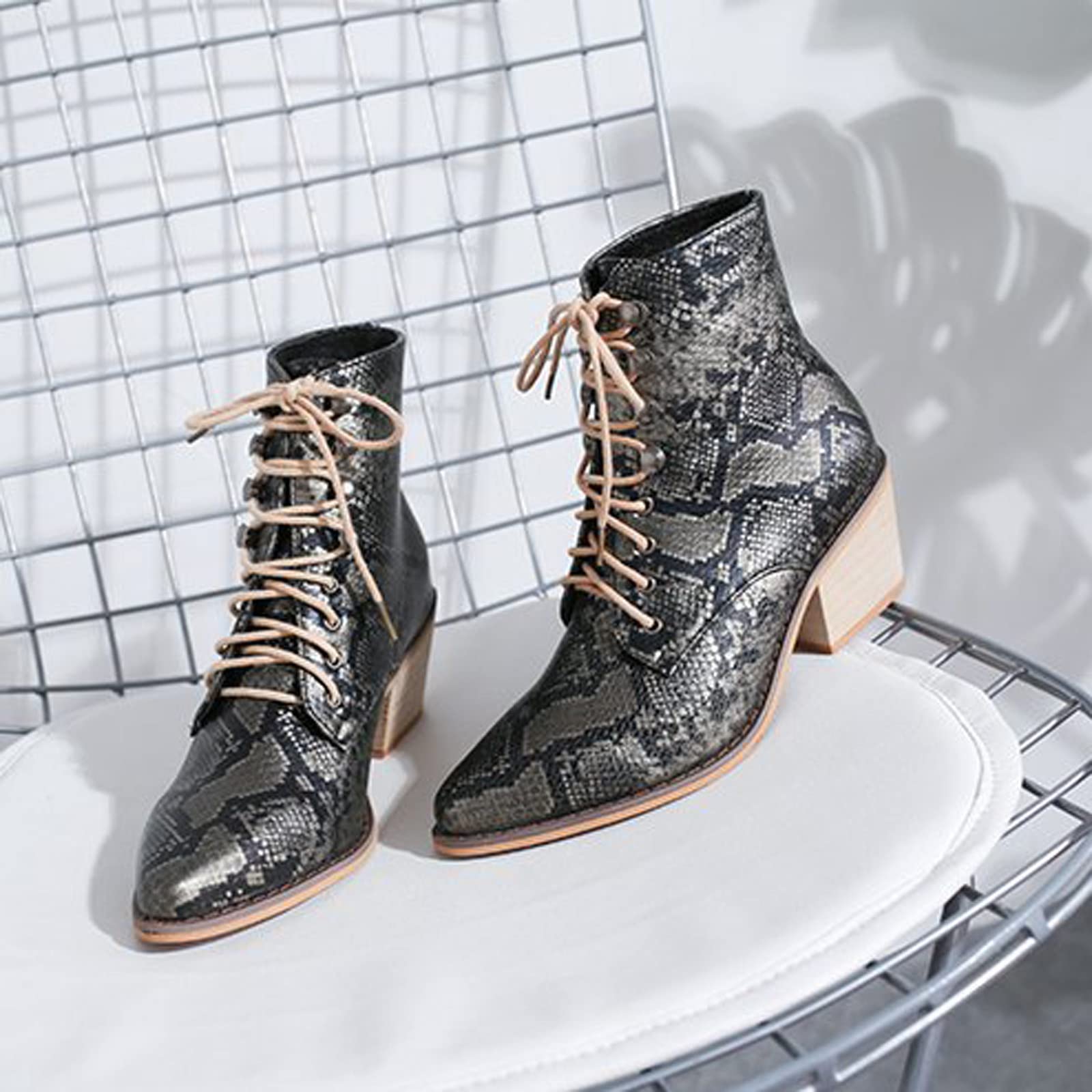 Women's Serpentine Leather Ankle Boots - Pointed Toe Lace Up Chunky Heel Booties for Casual & Outdoor Wear | Trendy Fall Fashion, Date Night & Office Shoes