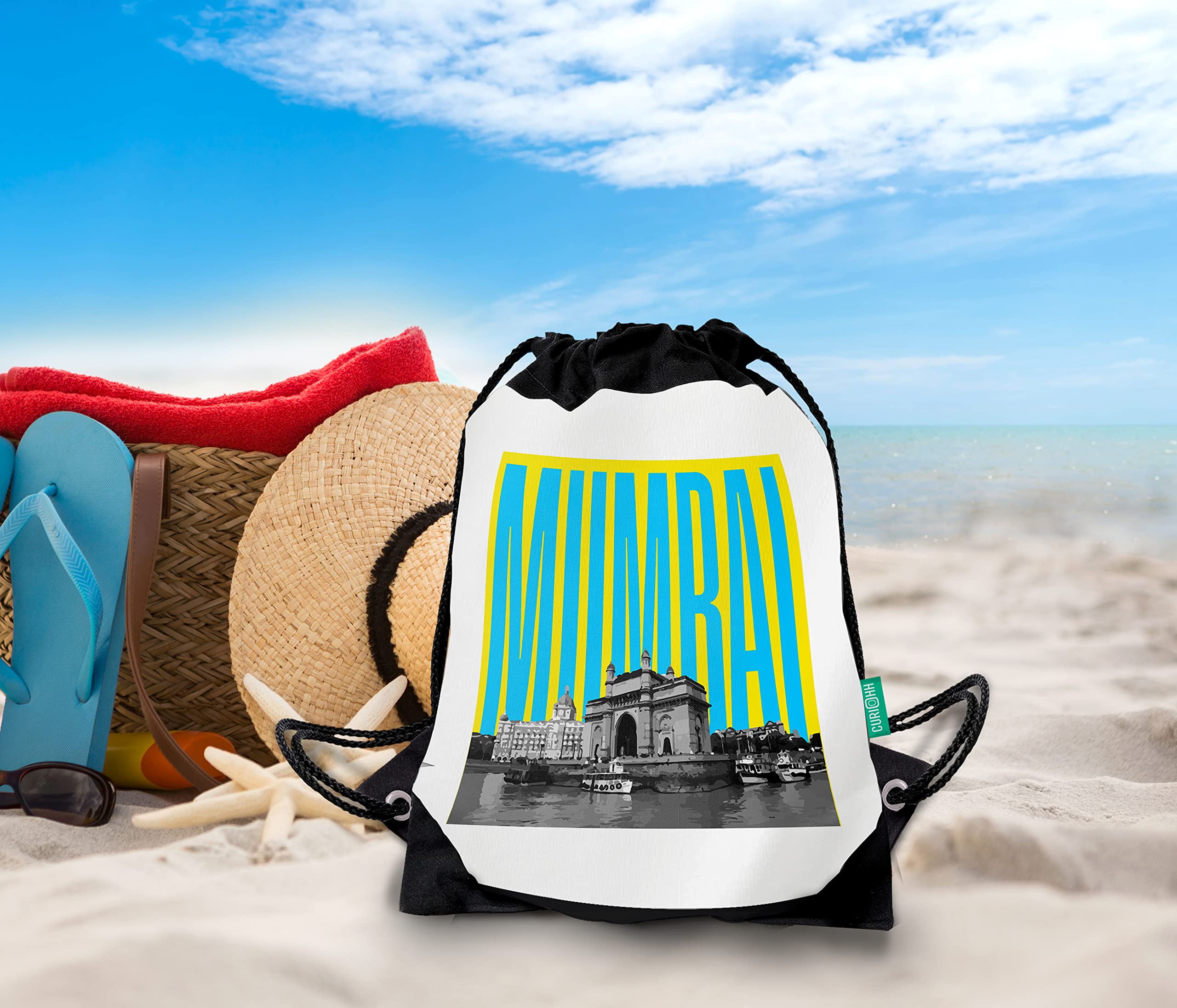 Curiohh Mumbai-Gateway of India 10L Drawstring Backpack - Lightweight Travel Bag for Gym, Beach & Outdoor Activities