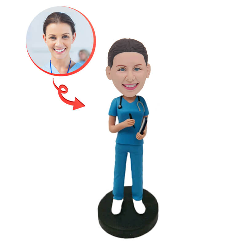 Custom Blue Suit Nurse Bobblehead - Personalized Figurine Gift for Medical Professionals | Perfect for Office Decor, Retirement Gifts & Nursing Graduation Presents