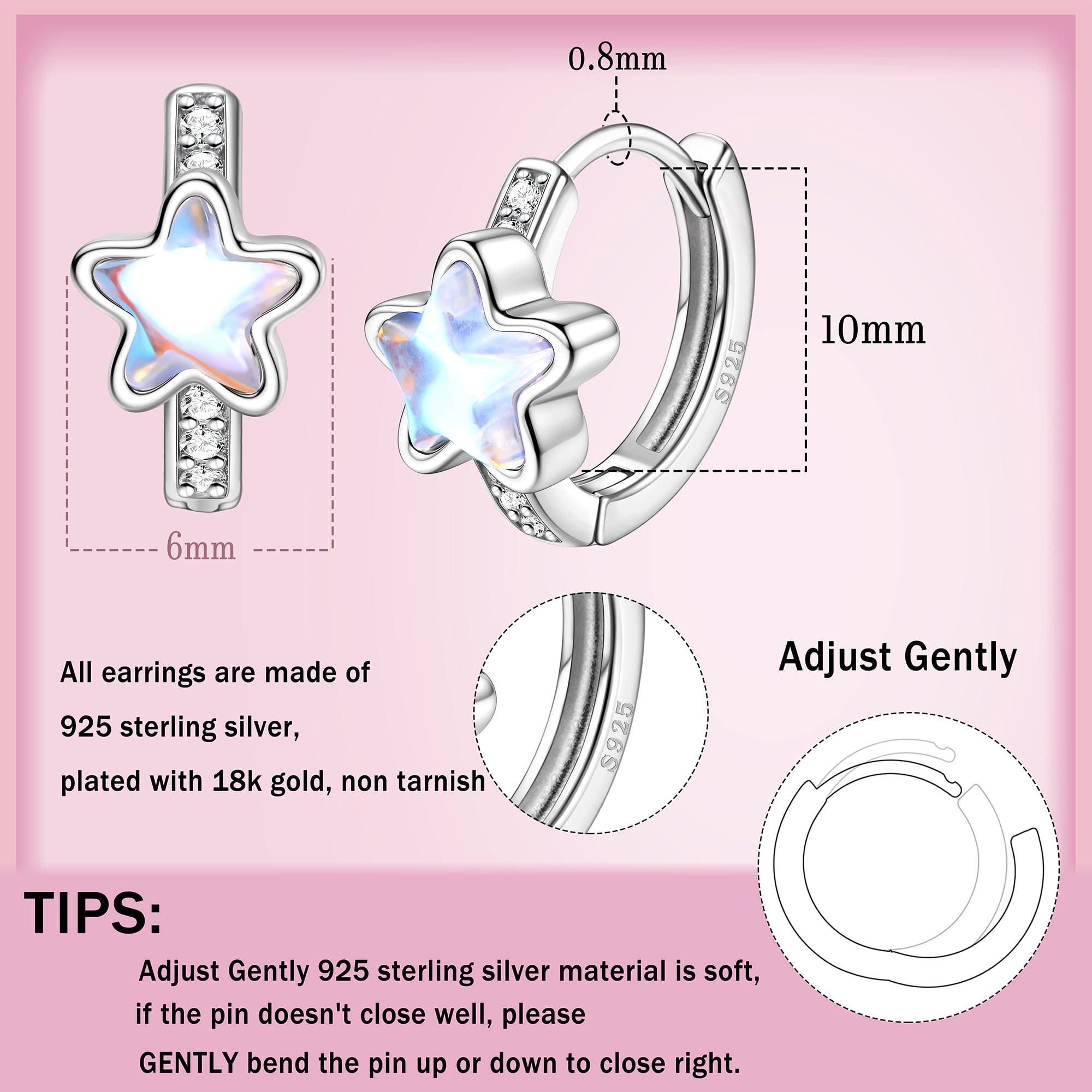 KRFY 925 Sterling Silver Hoop Earrings for Women & Girls - Pink Heart, Star, Moonstone & Cubic Zirconia Tiny Huggie Sleepers | Hypoallergenic Small Hoops for Everyday Wear, Gifts & Special Occasions