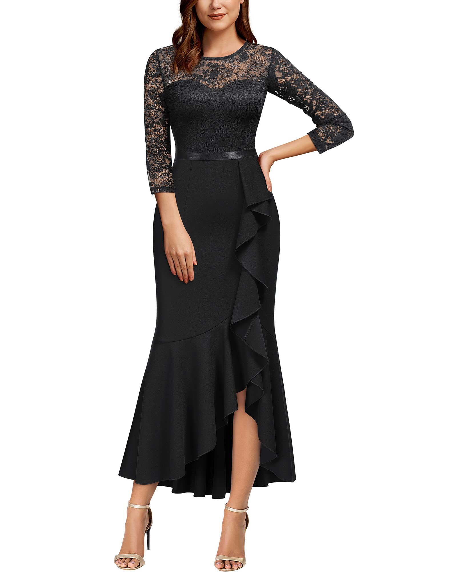 Vintage Lace Formal Long Dress for Women - Elegant 2/3 Sleeves Evening Gown for Party, Wedding & Bridesmaid | Perfect for Prom, Cocktail Events & Special Occasions