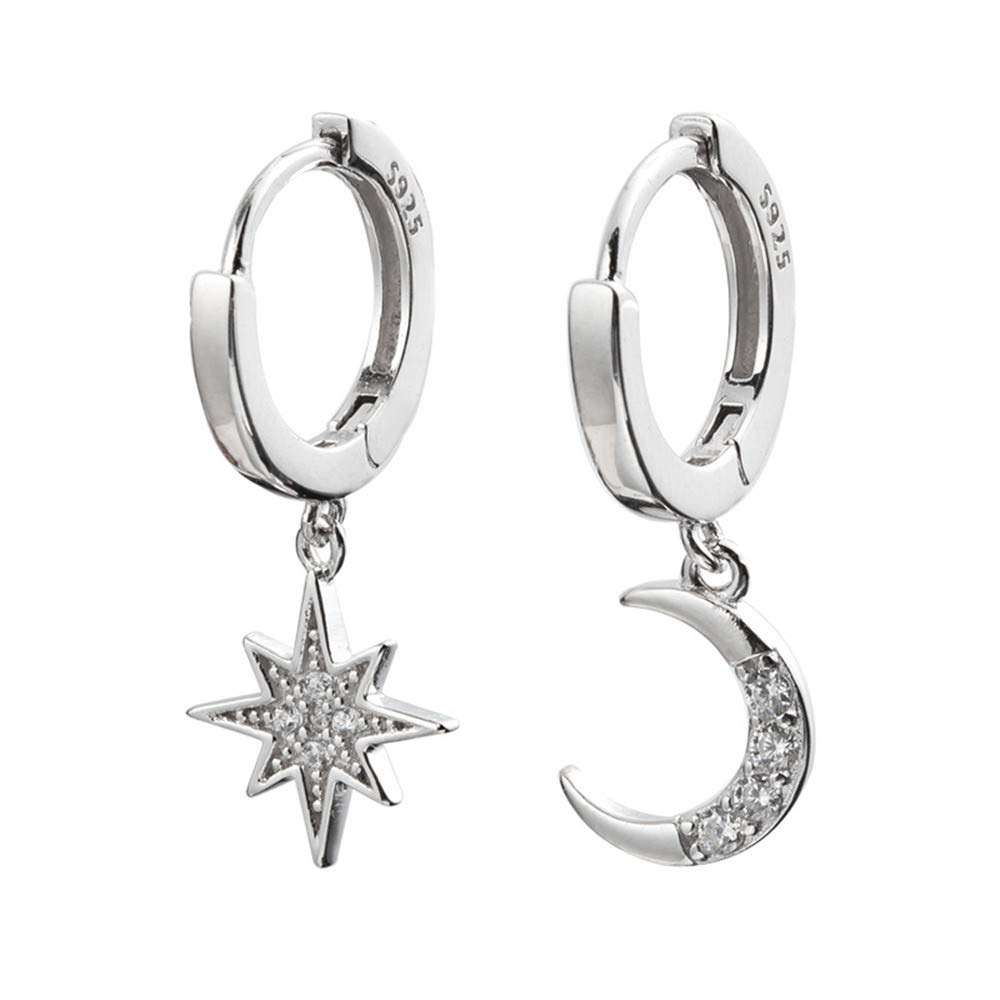 CZ Moon Star Dangle Small Hoop Earrings for Women - Sterling Silver with Crystal Charms, Asymmetrical Snowflake & Crescent Drop - Delicate Cartilage Clip Jewelry - Perfect Birthday Gifts for Best Friend, Girlfriend & Daughter - Great for Parties, Date Nights & Everyday Wear