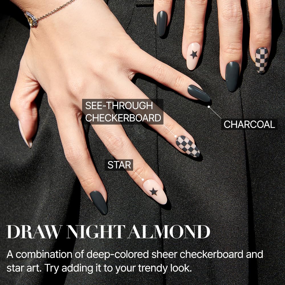MUZMAK 36Pcs Reusable Press on Nails Long - Halloween Almond Shaped Fake Nails with Cute Gel Designs (Draw Night) | Perfect for Parties, Cosplay & Special Occasions