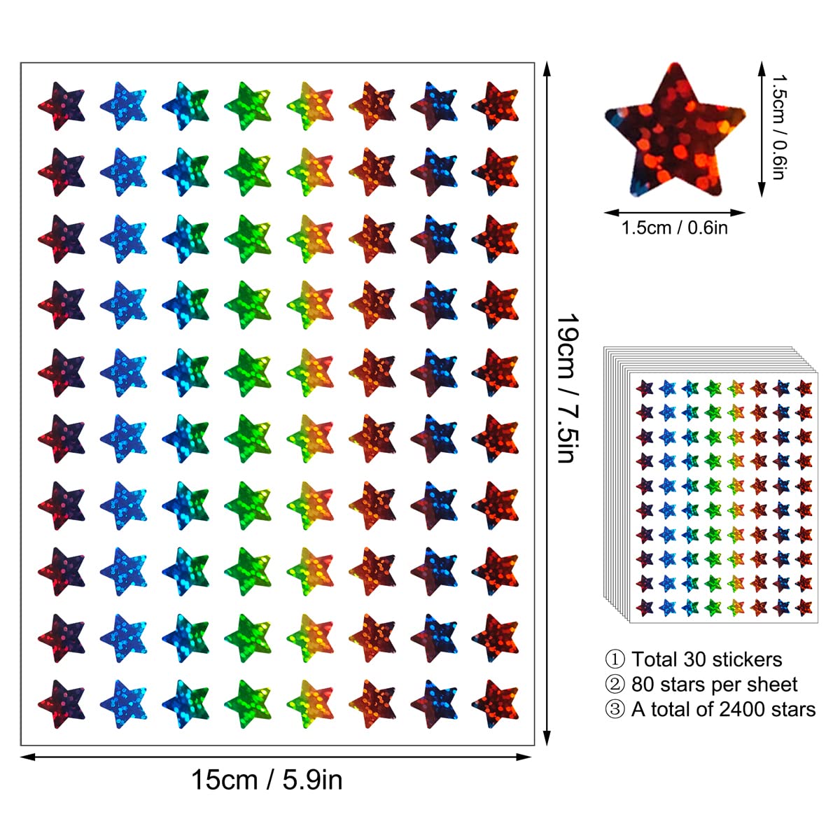 2400Pcs Small Star Stickers for Kids - 30 Sheets Holographic Glitter Rainbow Reward Stickers, 0.6 Inch Diameter - Perfect for Classroom Incentives, Teacher Supplies, Student Motivation & Behavior Charts