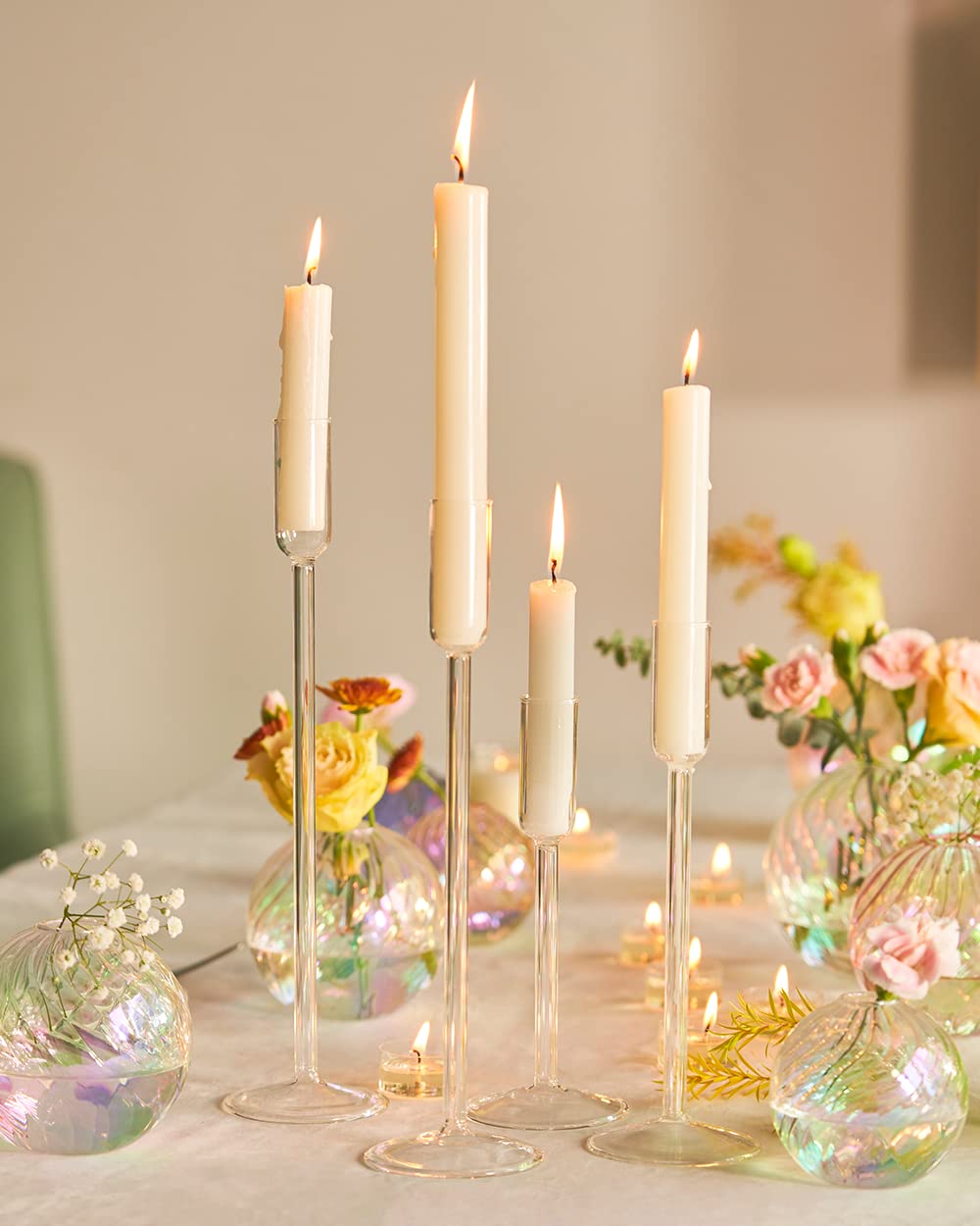 Glass Taper Candle Holders Set of 4 - Clear Tall Candlesticks with Different Heights for Wedding Centerpieces, Party Decor, Table Setting & Home Decoration