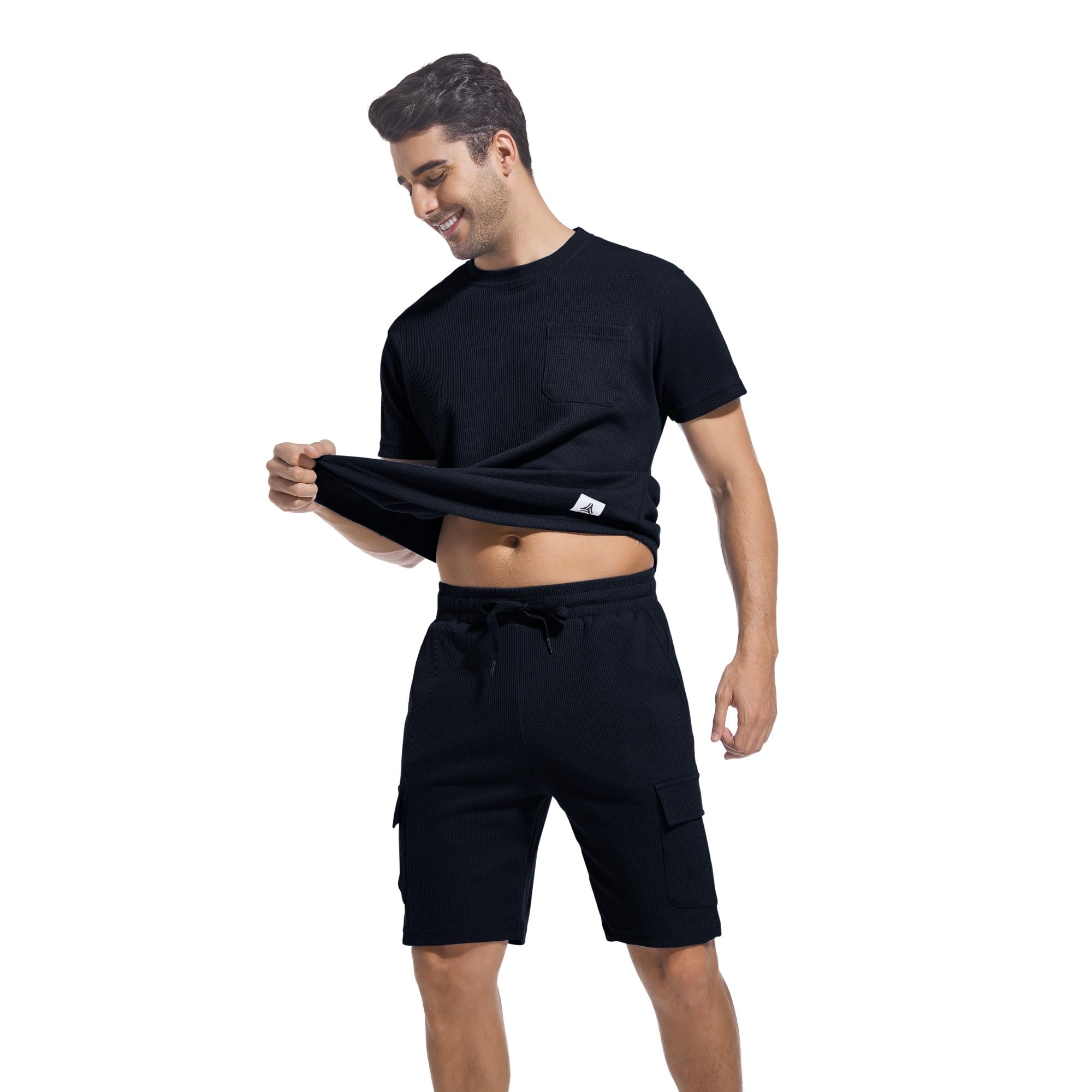 ANOTWENER Men's 2-Piece Summer Outfit - Casual Waffle Knit T-Shirt & Shorts Set for Beach Vacation, Pool Party, and Outdoor Activities