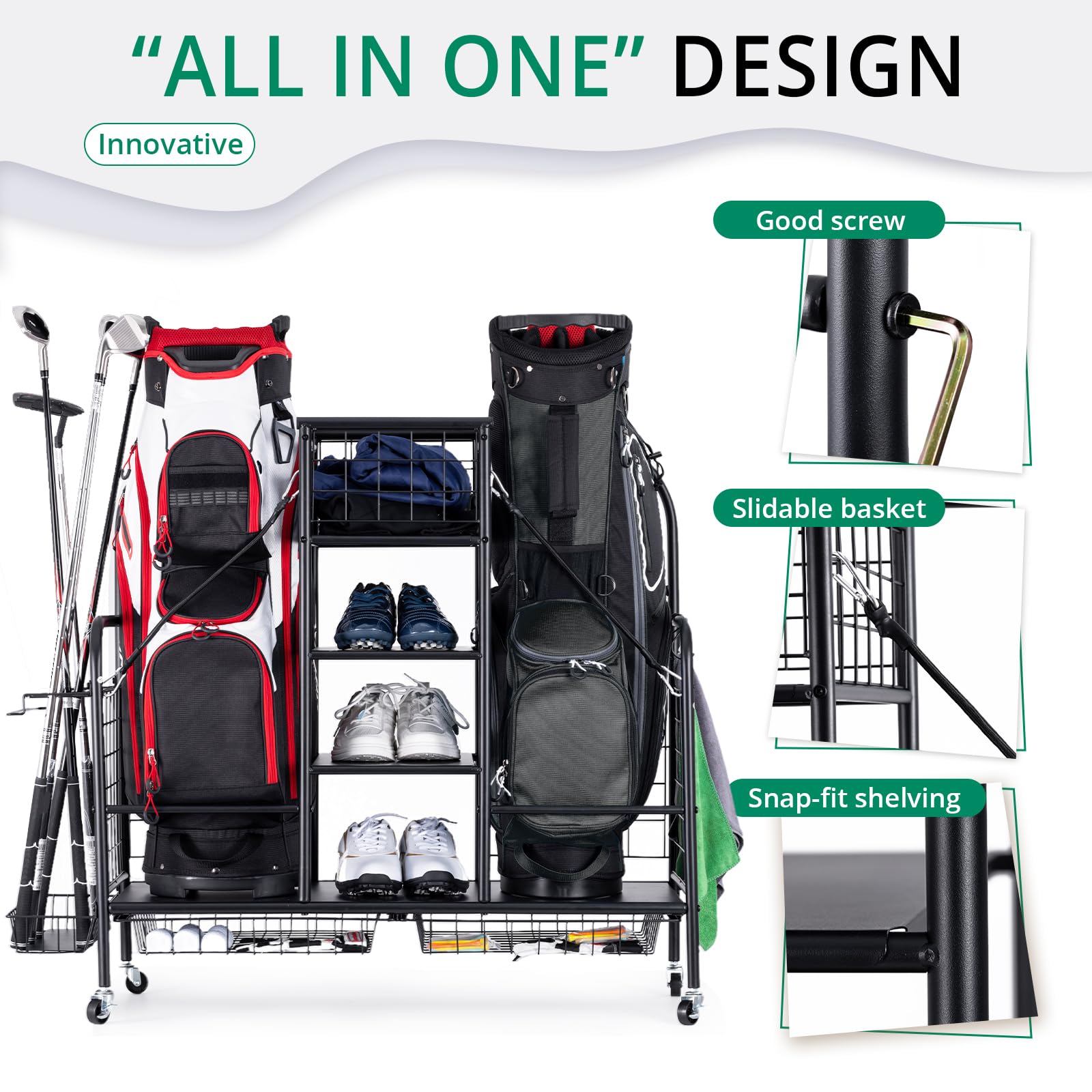 Premium Golf Bag Organizer Stand - Heavy Duty Storage Rack for 2 Golf Bags, Clubs, Balls & Accessories | Extra Large Golf Equipment Organizer for Garage, Basement & Clubhouse | Perfect for Golf Enthusiasts & Professional Players