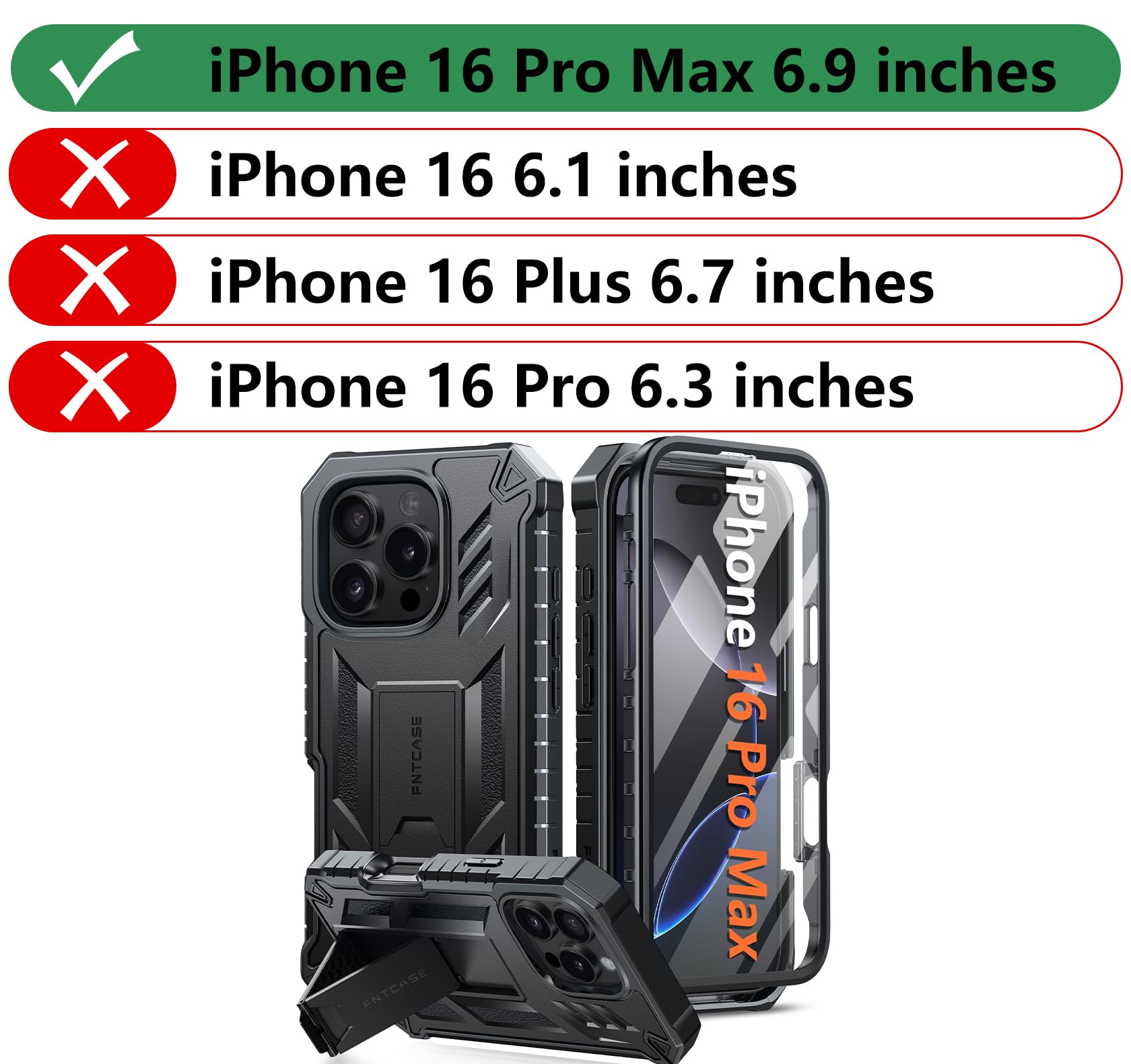 FNTCASE Military Grade Shockproof Case for iPhone 16 Pro Max (6.9 Inch) - Rugged Drop Protection Cover with Kickstand, Matte Textured TPU | Perfect for Outdoor Adventures, Construction Work & Active Lifestyles | Black
