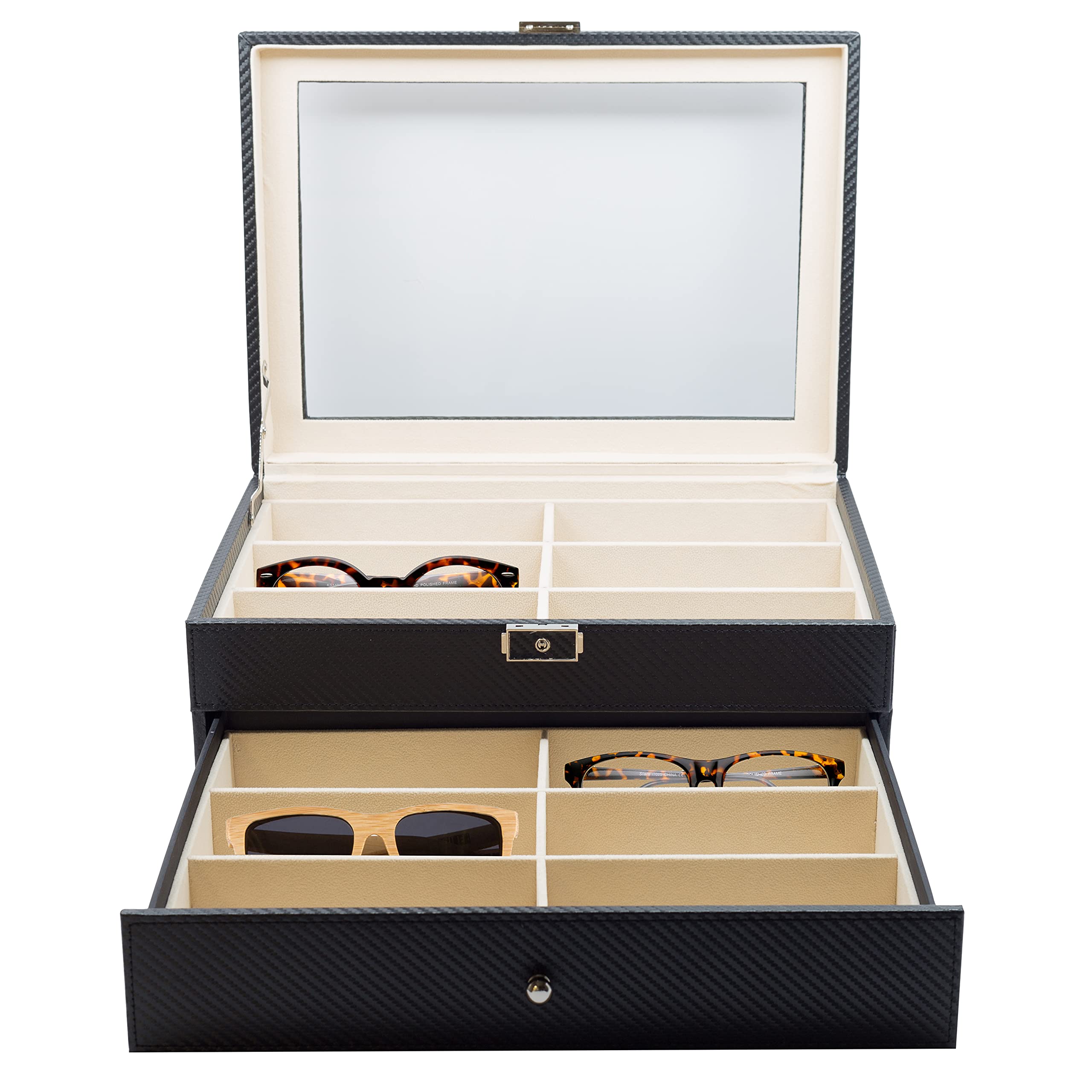 12-Piece Extra Large Black Carbon Fiber Eyeglass Display Case with Drawer - Personalized Eyewear Storage for Optical Shops & Home Organization