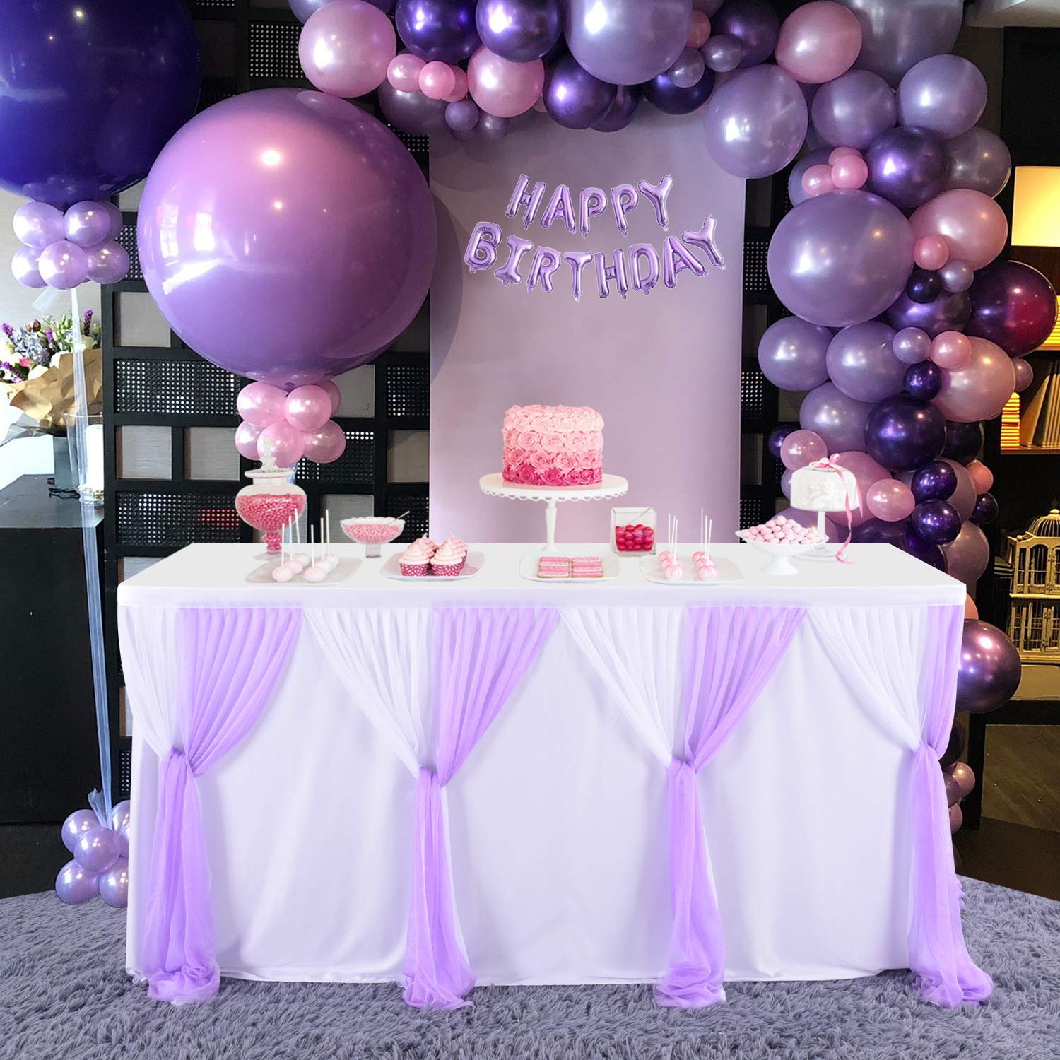 Elegant 6ft Purple Tulle Table Skirt for Weddings, Baby Showers & Birthday Parties - Rectangle Table Cover with Mermaid Design for Party Decorations | Perfect for Banquets, Bridal Showers and Special Events