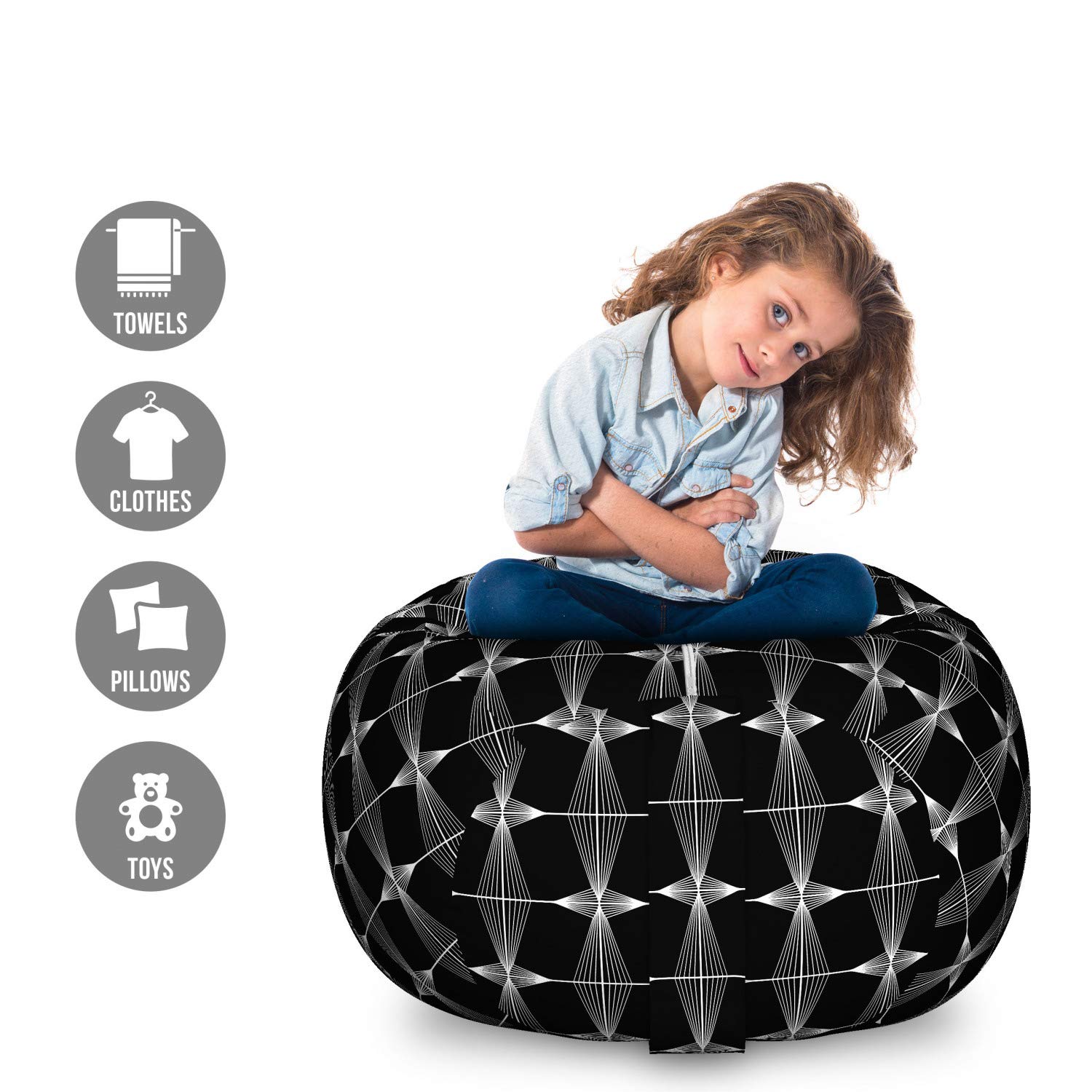 Ambesonne Large Washable Toy Storage Bag Chair - Charcoal Grey & White Symmetrical Trellis Design - Stuffed Animal Organizer for Kids' Room, Nursery, or Playroom - Perfect for Home Organization & Decor