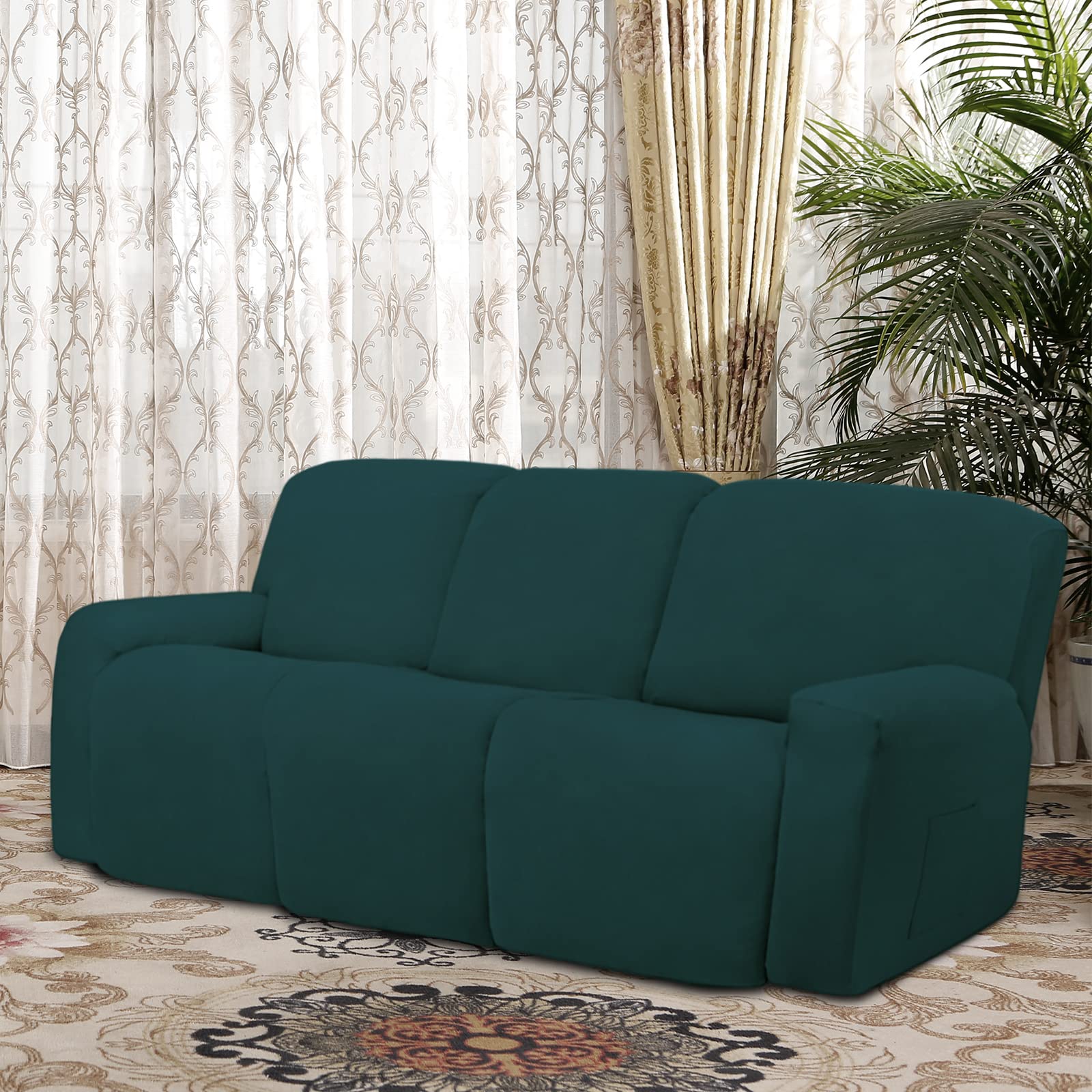 8-Piece Microfiber Stretch Sectional Recliner Sofa Slipcover - Soft Fitted Fleece 3-Seat Couch Cover - Washable Furniture Protector with Elastic Edges for Kids & Pets (Deep Teal) - Perfect for Living Room, Family Room & Home Theater Comfort