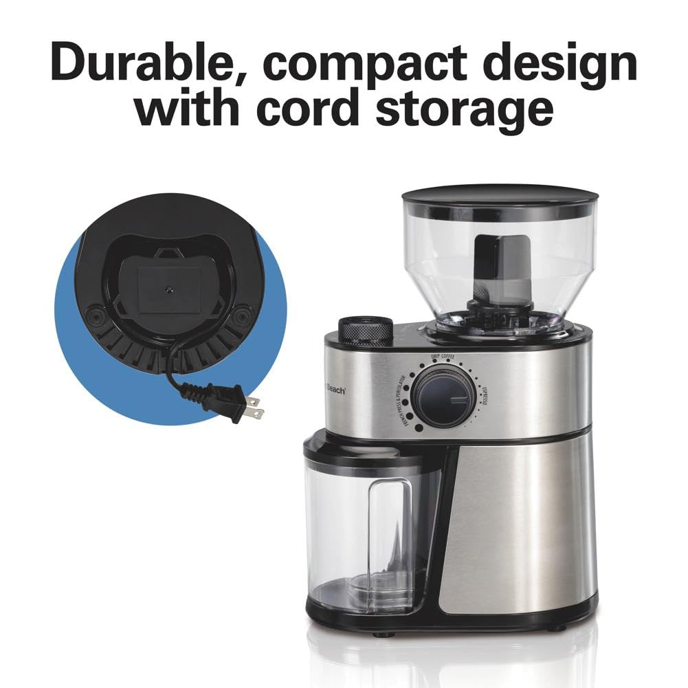 Hamilton Beach 12-Cup Stainless Steel Black Burr Coffee Grinder (Model 80385) - Perfect for Freshly Ground Coffee at Home, Office, or Cafe Use