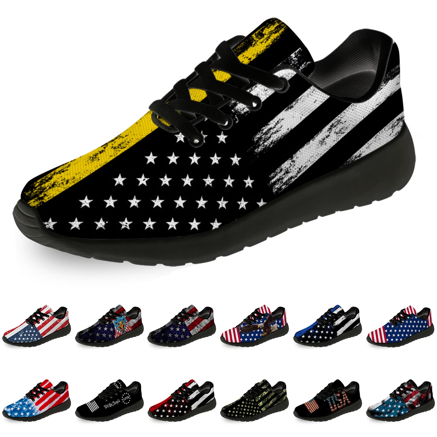 Patriotic American Flag Print Running Shoes for Men & Women - Thin Yellow Line Walking Tennis Sneakers - Comfortable Athletic Shoes for Jogging, Gym & Casual Wear - Size 3.5 Men/5.5 Women in Black