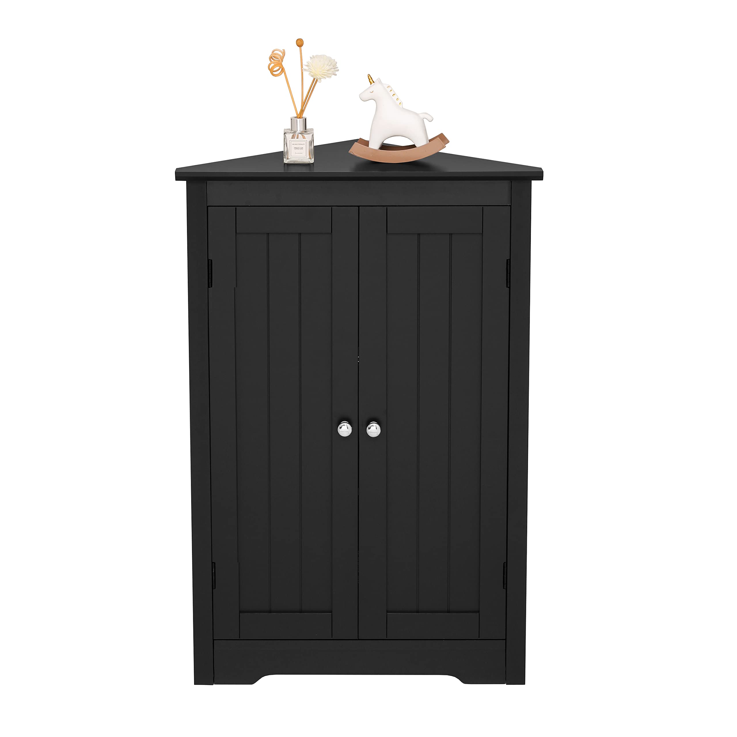 IWELL Corner Cabinet with 2 Doors & Shelves - Free Standing Floor Storage Cabinet for Bathroom, Kitchen, Living Room, Bedroom - Black | Space Saving Corner Organizer for Small Spaces & Home Decor