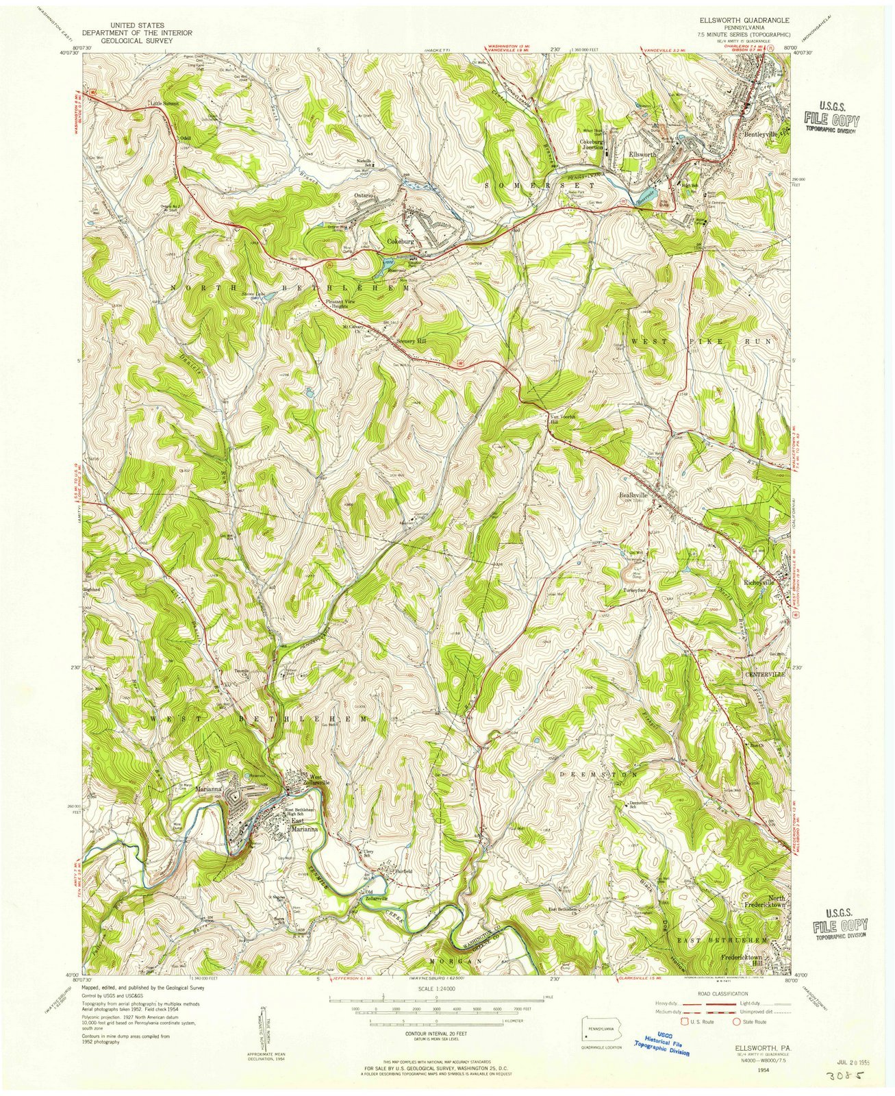 1954 Ellsworth, PA USGS Historical Topographic Wall Map - 35x44 Inch Large Vintage Pennsylvania Wall Art - Perfect for Home Office Decor & History Enthusiasts