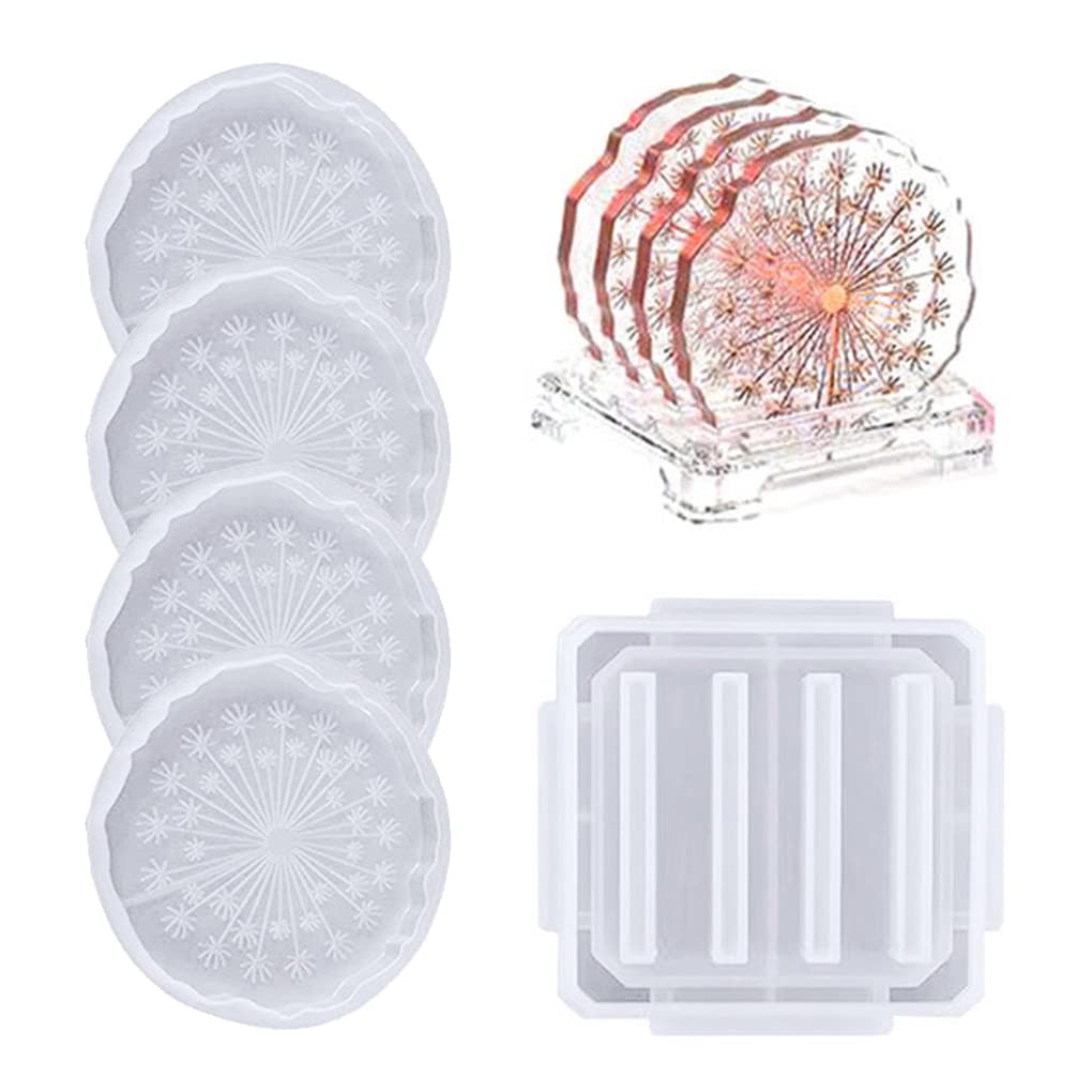 5PCS Epoxy Resin Coaster Molds with Storage Box - Premium Silicone Coaster Molds for DIY Resin Casting, Cup Mats & Home Decor (Dandelion Design) - Perfect for Crafting Unique Drink Coasters, Gifts & Table Decorations