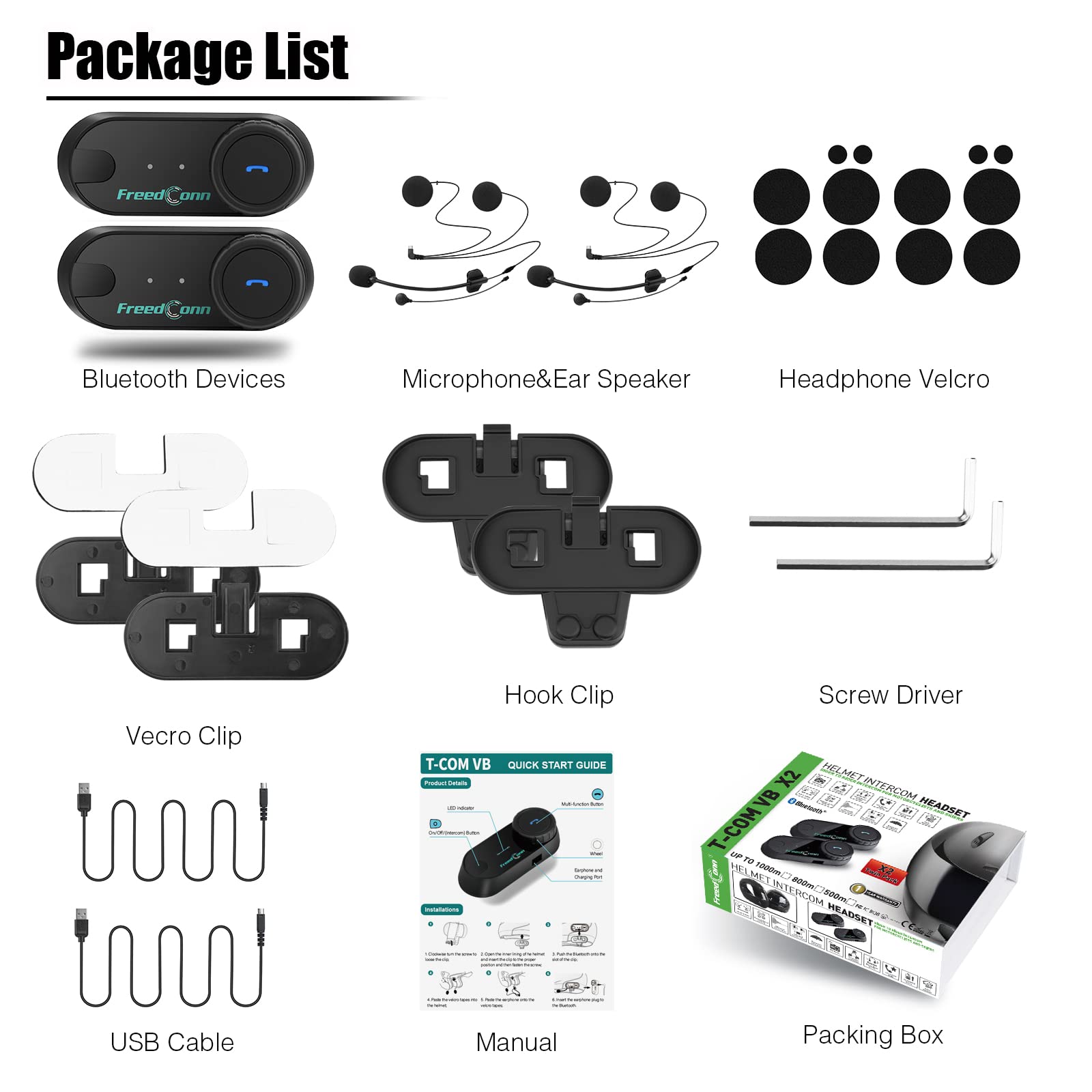 FreedConn TCOM VB Upgraded Motorcycle Bluetooth Headset - Bluetooth 5.0 Motorbike Intercom System for 2 Riders with 800M Range, Music Sharing & Universal Fit - Twin Pack for Motorcycle Riding, Group Tours & Adventure Trips