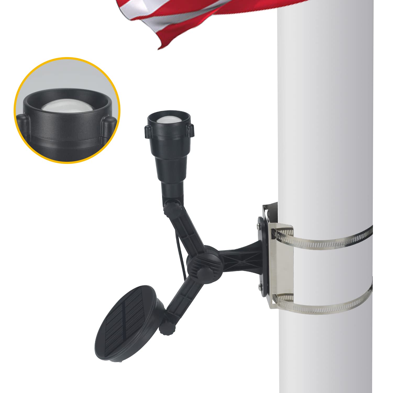 Solar Flag Pole Light - Super Bright LED Spotlight with Adjustable Bracket & Metal Clamp for 2-3.5