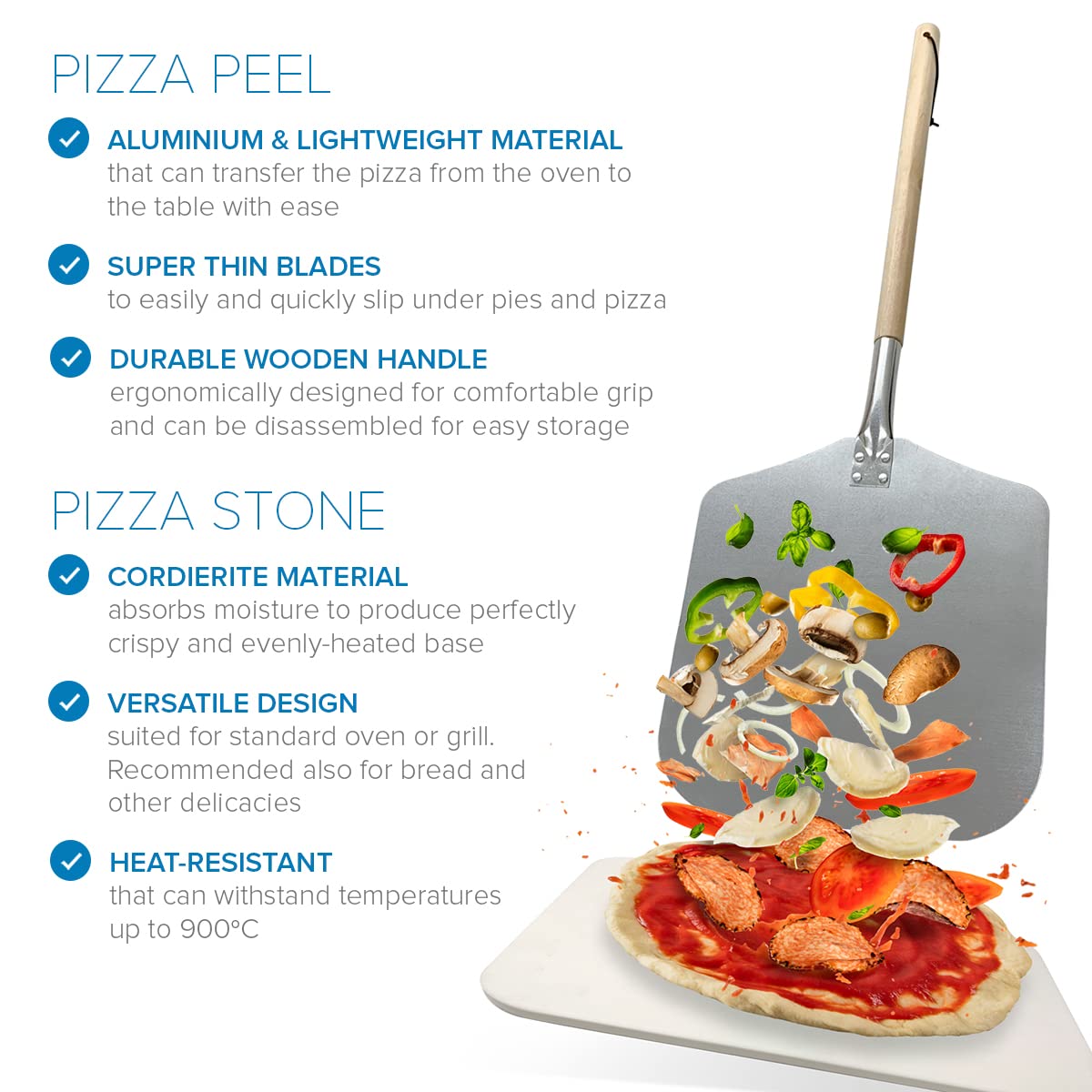 Joeji's 30 x 38cm Cordierite Pizza Stone & Aluminum Peel Set with Removable Wooden Handle - Perfect for Oven, Grill, BBQ - Ideal for Baking Bread, Pizza, Cookies & More