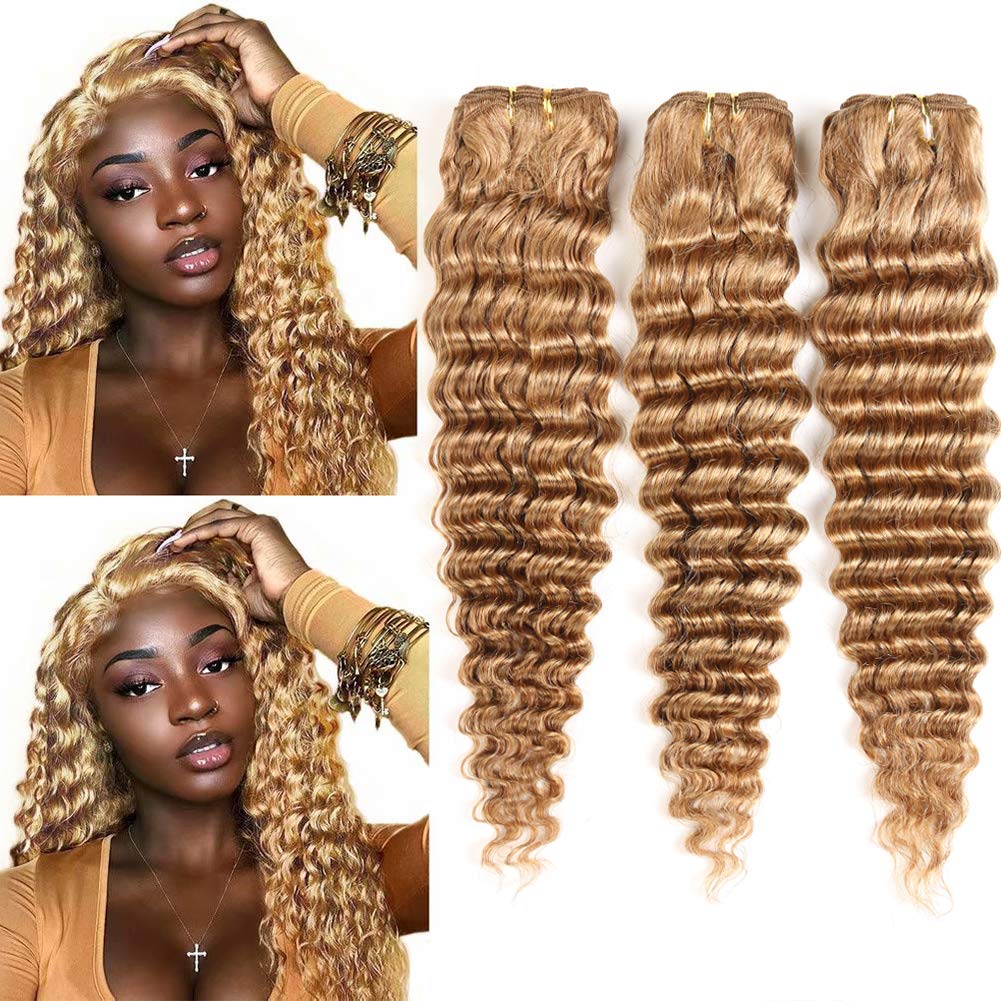 XCCOCO 27 Honey Blonde Human Hair Bundles - 9A Peruvian Deep Wave Weave (20 22 24 Inch) - Natural Colored Curly Hair Extensions for Styling & Volume - Perfect for Daily Wear, Parties & Special Occasions