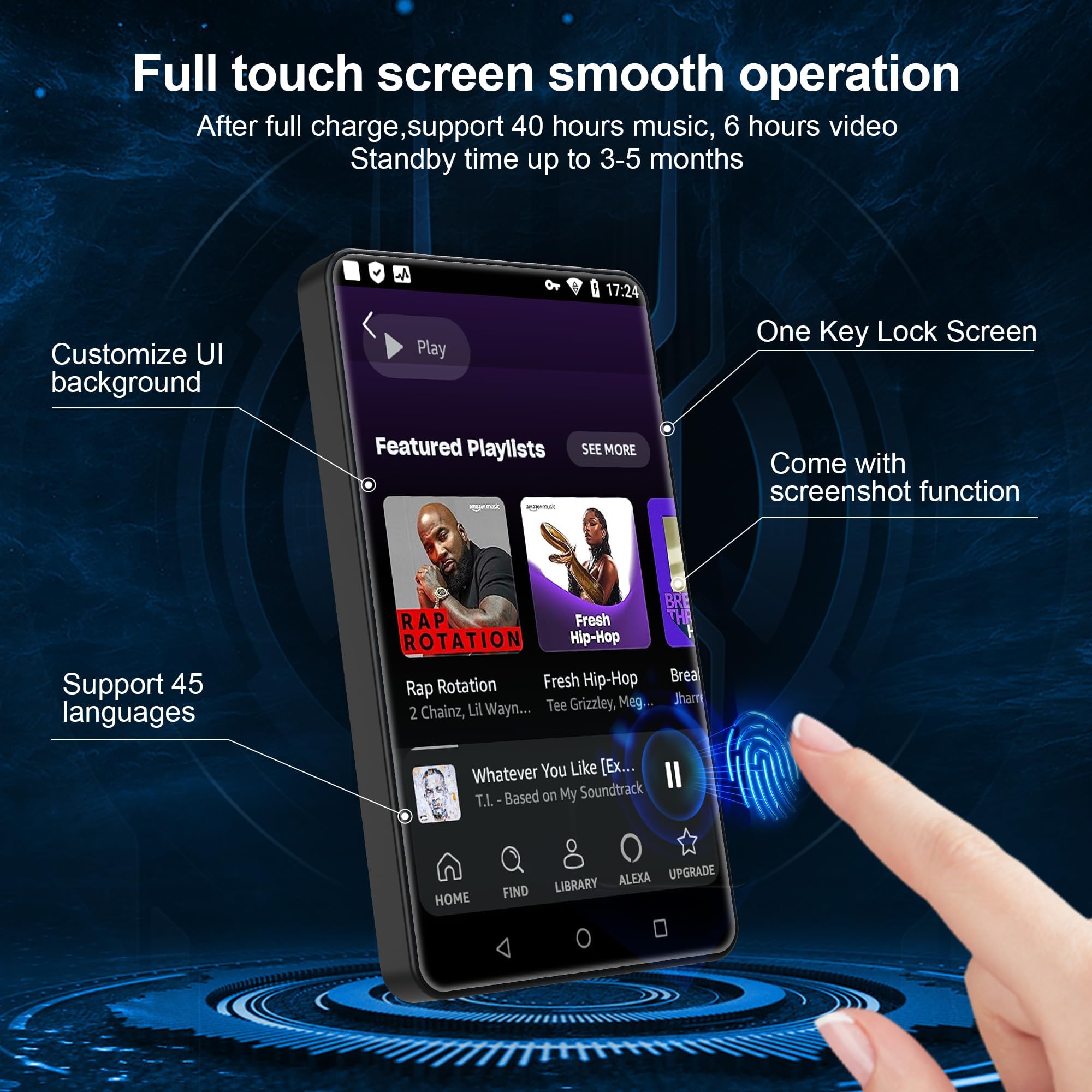 MYMAHDI 5 Inch 144GB Bluetooth MP3 Player with WiFi, HiFi MP4 Music Player with Touch Screen, Camera & Speaker - Supports Spotify, YouTube & Android Streaming - Perfect for Running, Gym Workouts & Travel (Black)