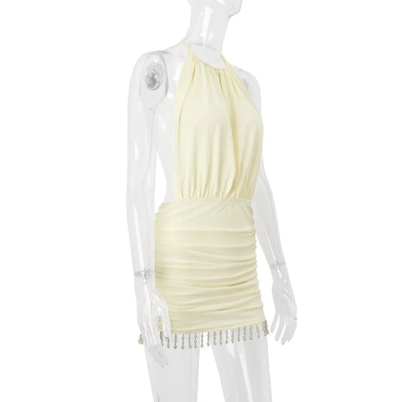 Sexy Backless Tassel Mini Dress for Women - Summer Hollow Out Halter Sleeveless High Waist Ruched Bodycon Club Dress | Perfect for Night Out, Party, and Date Night