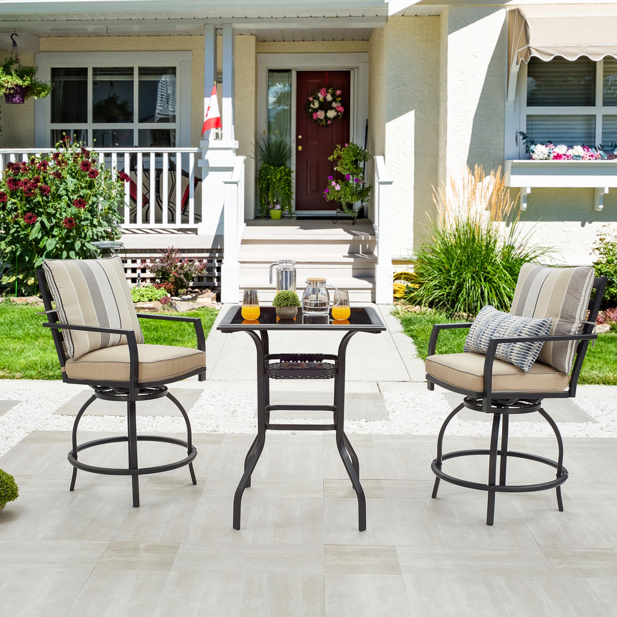 LOKATSE HOME 3-Piece Outdoor Patio Bistro Set with Swivel Bar Stools & Glass Top Table - White Cushioned Seating for Garden, Balcony or Poolside Relaxation
