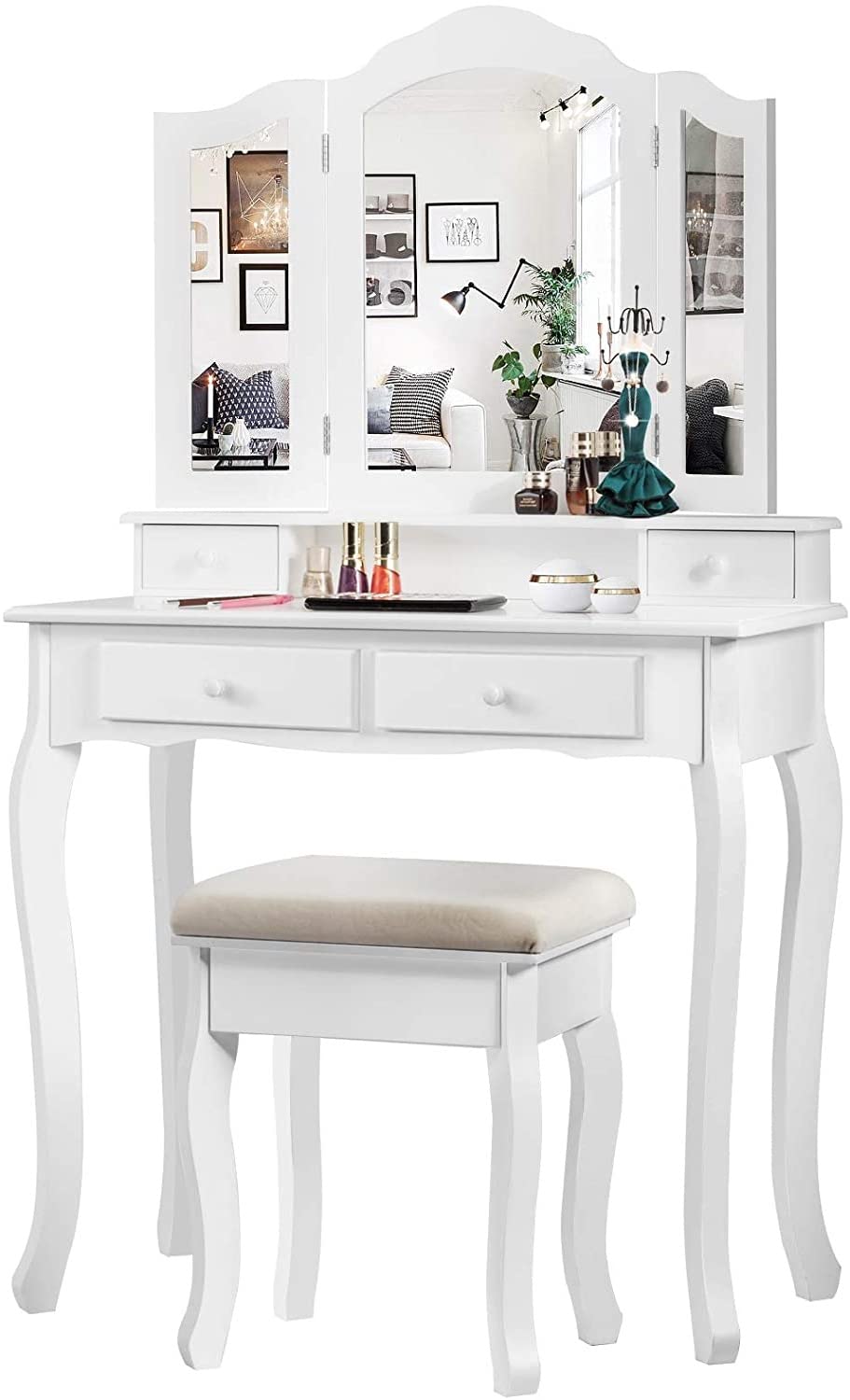 Renatone White Vanity Table Set with Tri-Folding Mirror, 4 Drawers & Cushioned Stool - Modern Makeup Dressing Desk with Removable Top for Bedroom or Bathroom - Perfect Gift for Women and Girls - Ideal for Makeup Application, Jewelry Storage & Home Decor