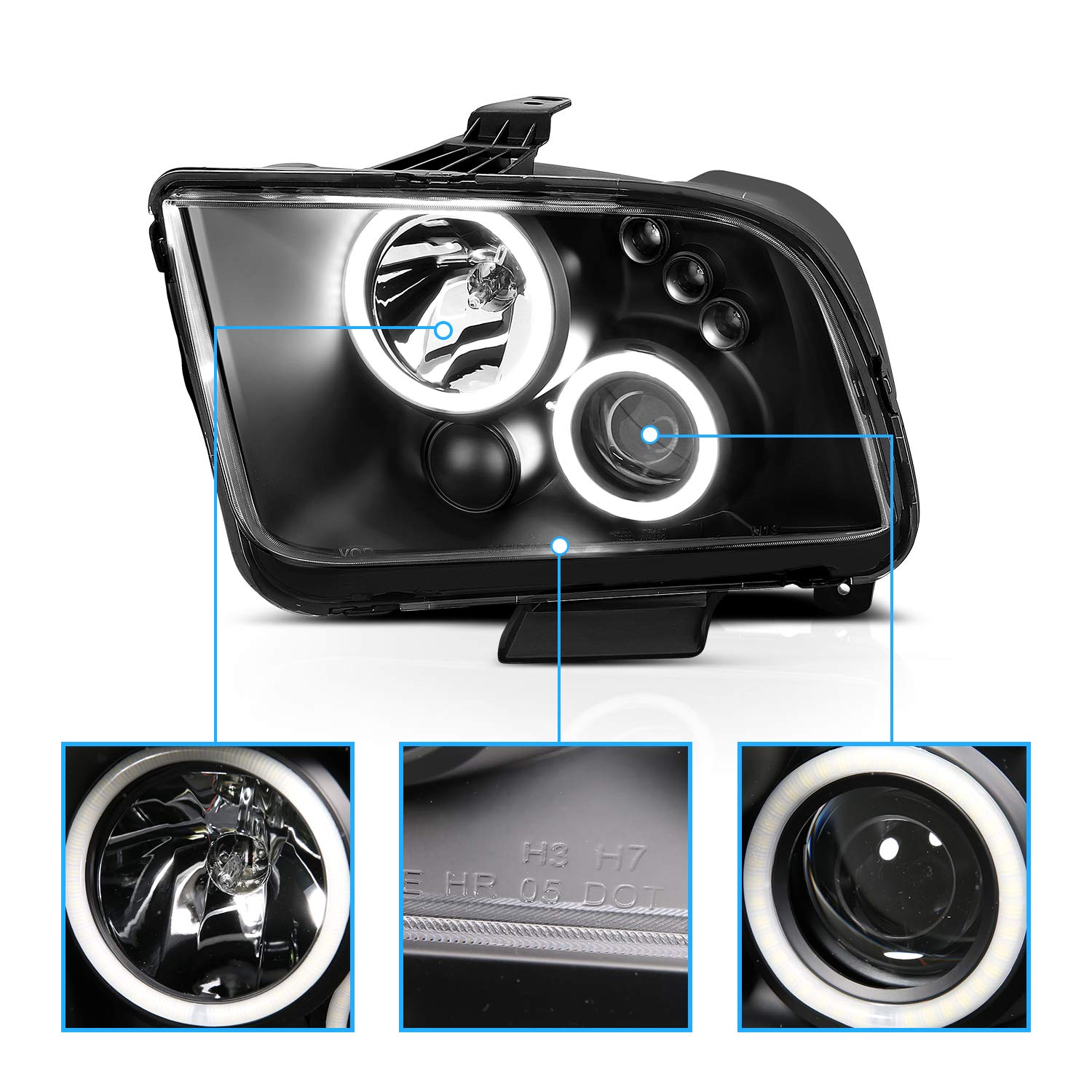 AmeriLite Black Dual Intense LED Halo Projector Headlights - Replacement Pair for 2005-2009 Ford Mustang (Driver & Passenger Side) | High-Performance Lighting for Night Driving & Car Shows