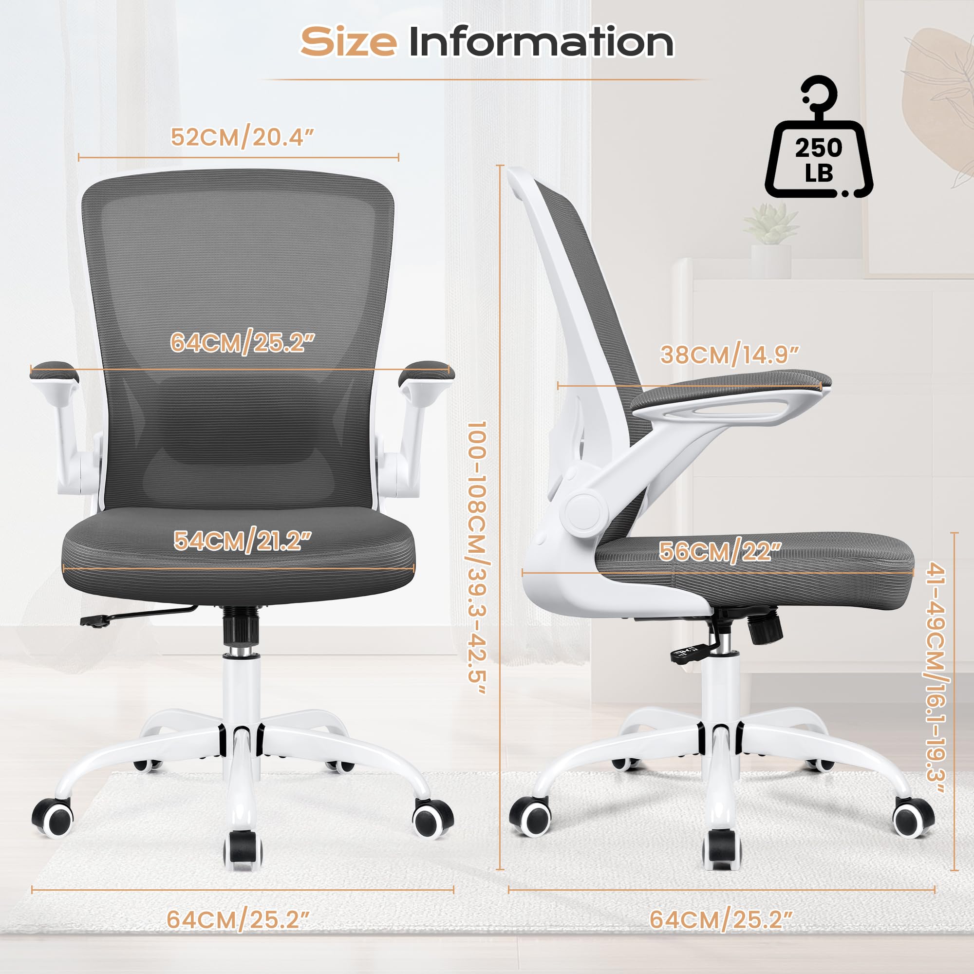 KERDOM Ergonomic Office Chair with Lumbar Support - Adjustable Height Mesh Computer Chair with Wheels & Flip-Up Arms - Swivel Task Chair for Home, Gaming & Workspaces - Perfect for Long Hours of Work or Gaming