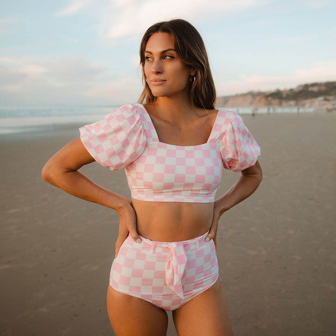 Eloise Crop Top - Pink Checkered Floral Print Women's Fashion Blouse for Casual Wear & Summer Outfits