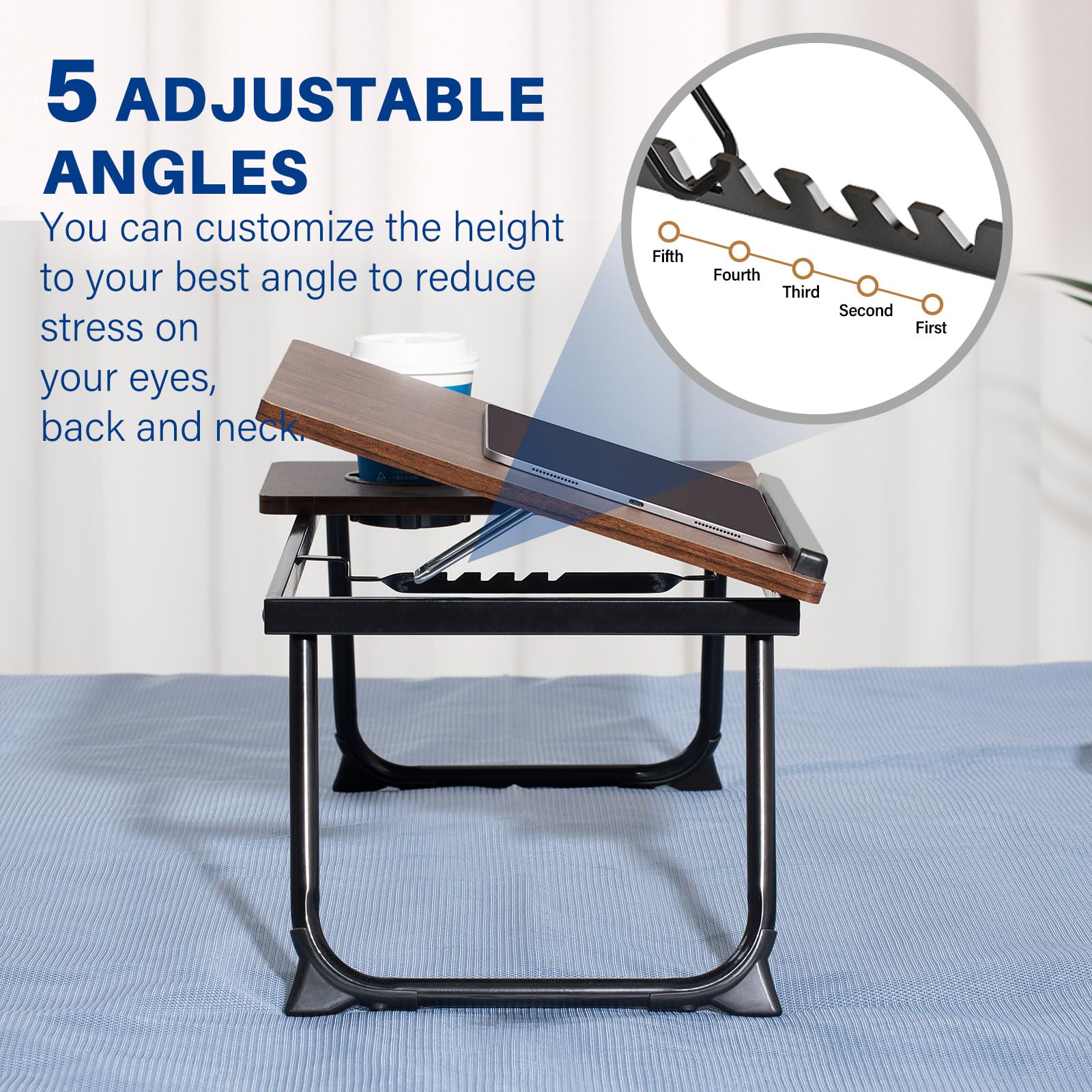 Adjustable Foldable Laptop Desk for Bed & Couch - Portable Lap Desk with Cup Holder & Storage | Perfect for Working, Reading, Writing, Eating & Gaming in Bed, Sofa or Floor | Ideal Home Office & Dorm Room Essential