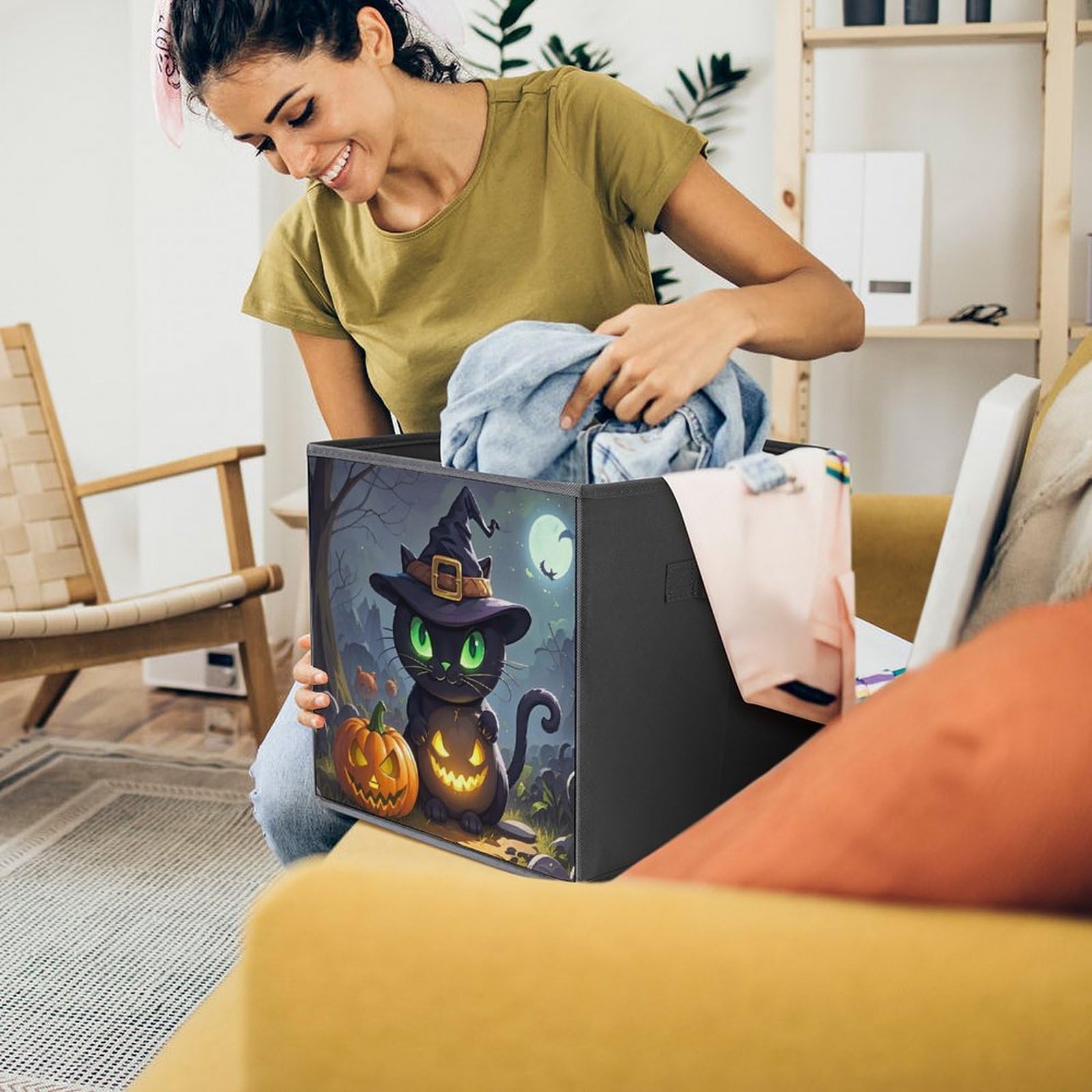 2PCS Foldable Storage Bins - Large Capacity Cat Halloween Printed Storage Boxes with Handles for Playroom, Office & Home Organization | Perfect for Toys, Books & Seasonal Decor Storage